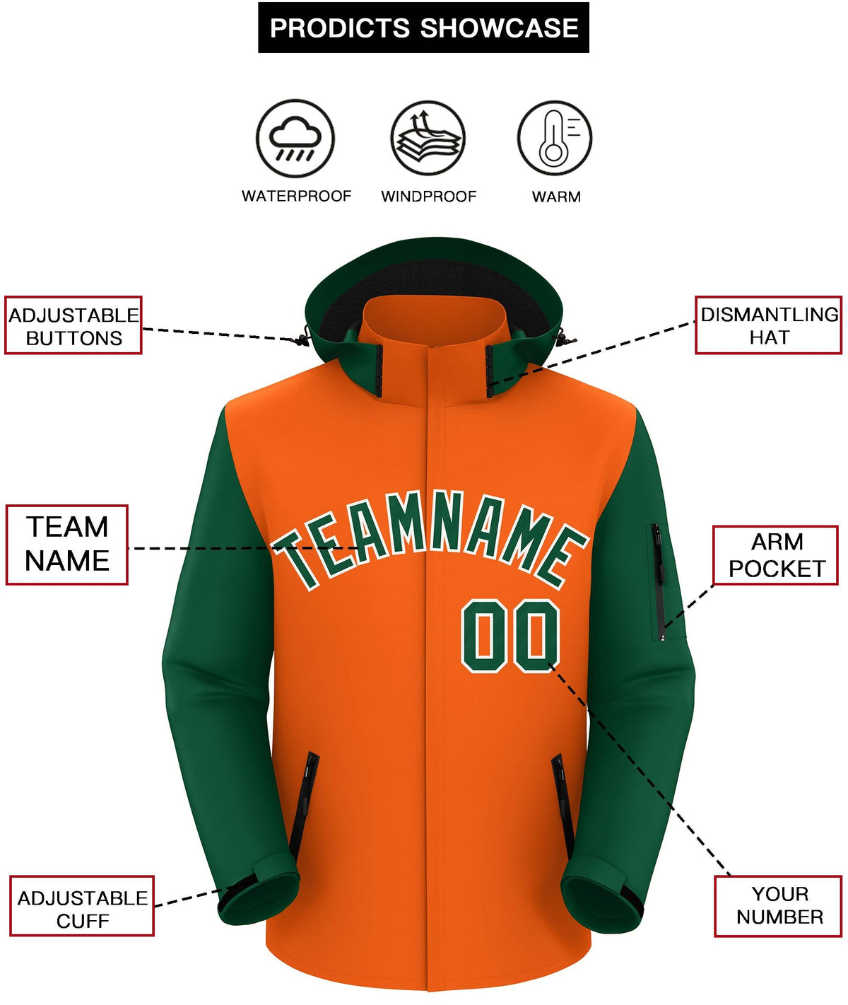 Custom Orange Green-White Raglan Sleeves Waterproof Jacket