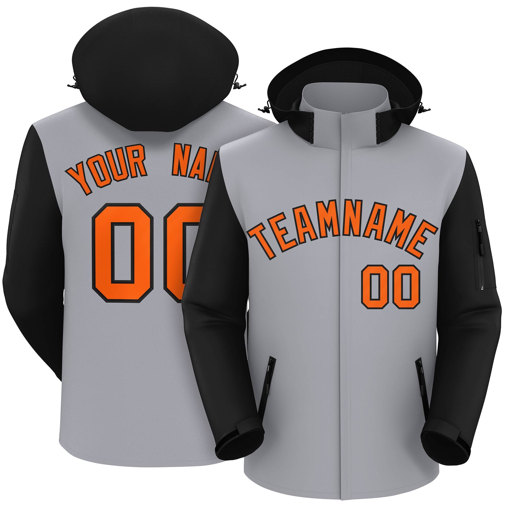 Custom Gray Black-Orange Raglan Sleeves Waterproof Jacket