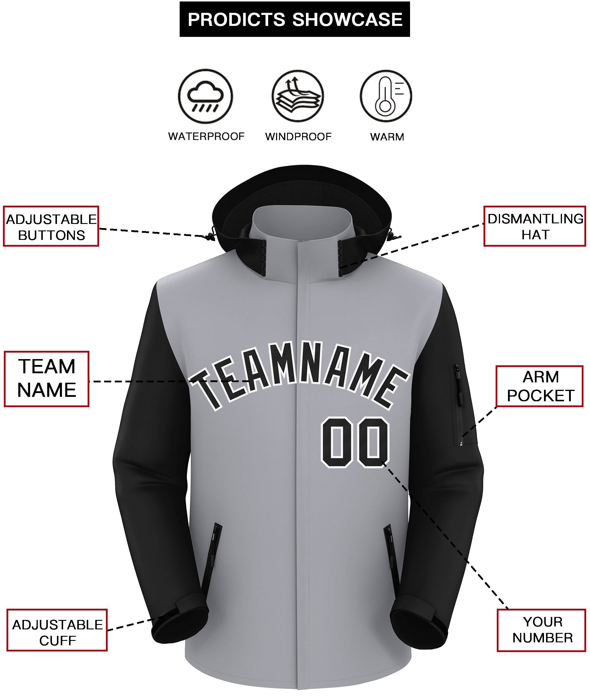 Custom Gray Black-White Raglan Sleeves Waterproof Jacket
