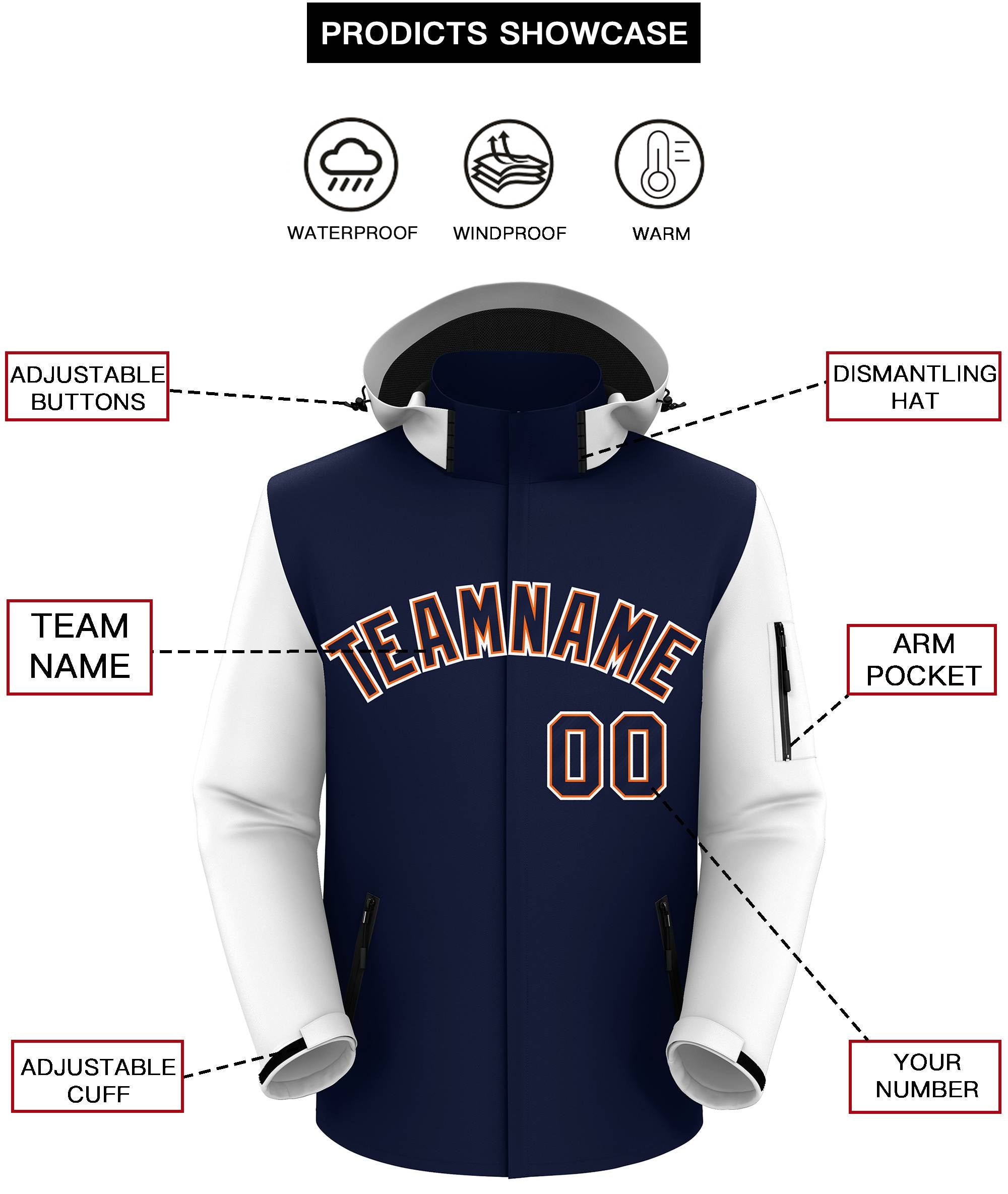 Custom Navy White-Orange Raglan Sleeves Waterproof Jacket