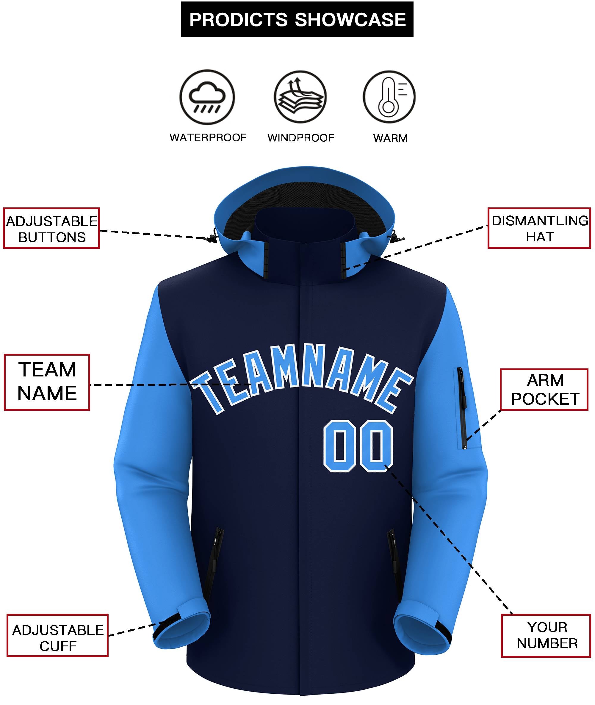 Custom Navy Powder Blue-White Raglan Sleeves Waterproof Jacket