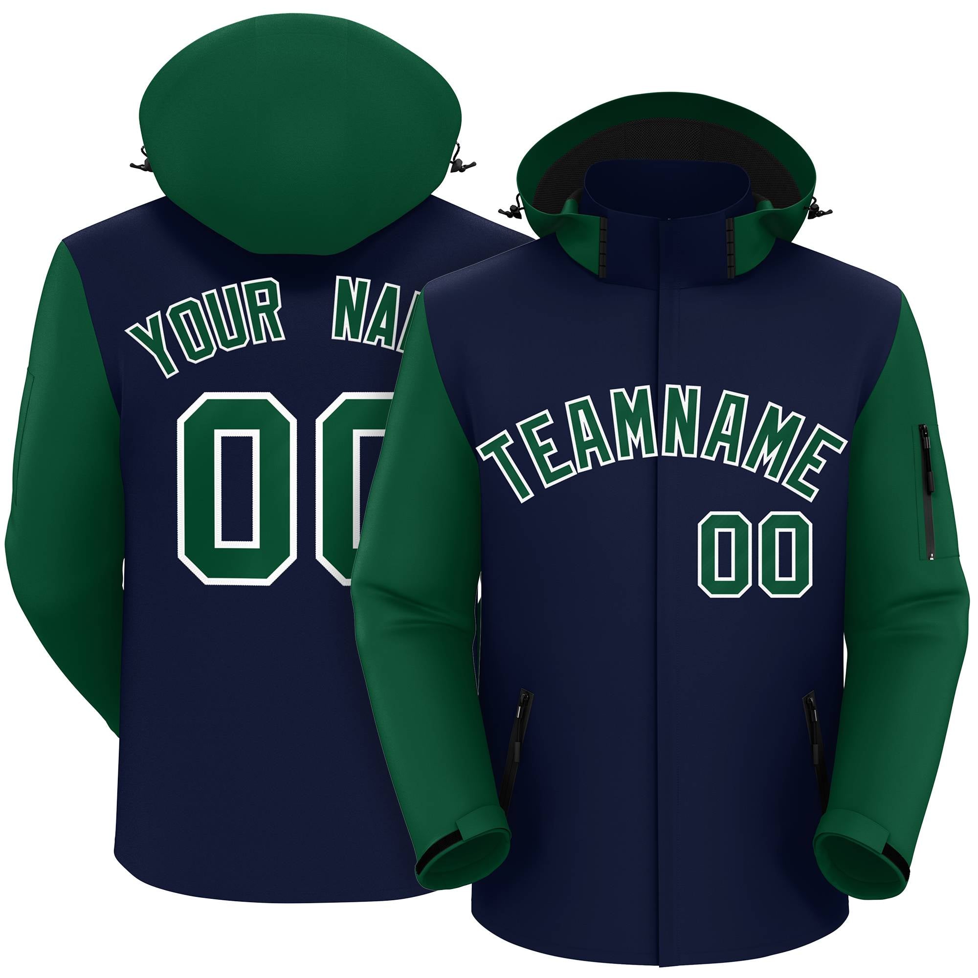 Custom Navy Green-White Raglan Sleeves Waterproof Jacket