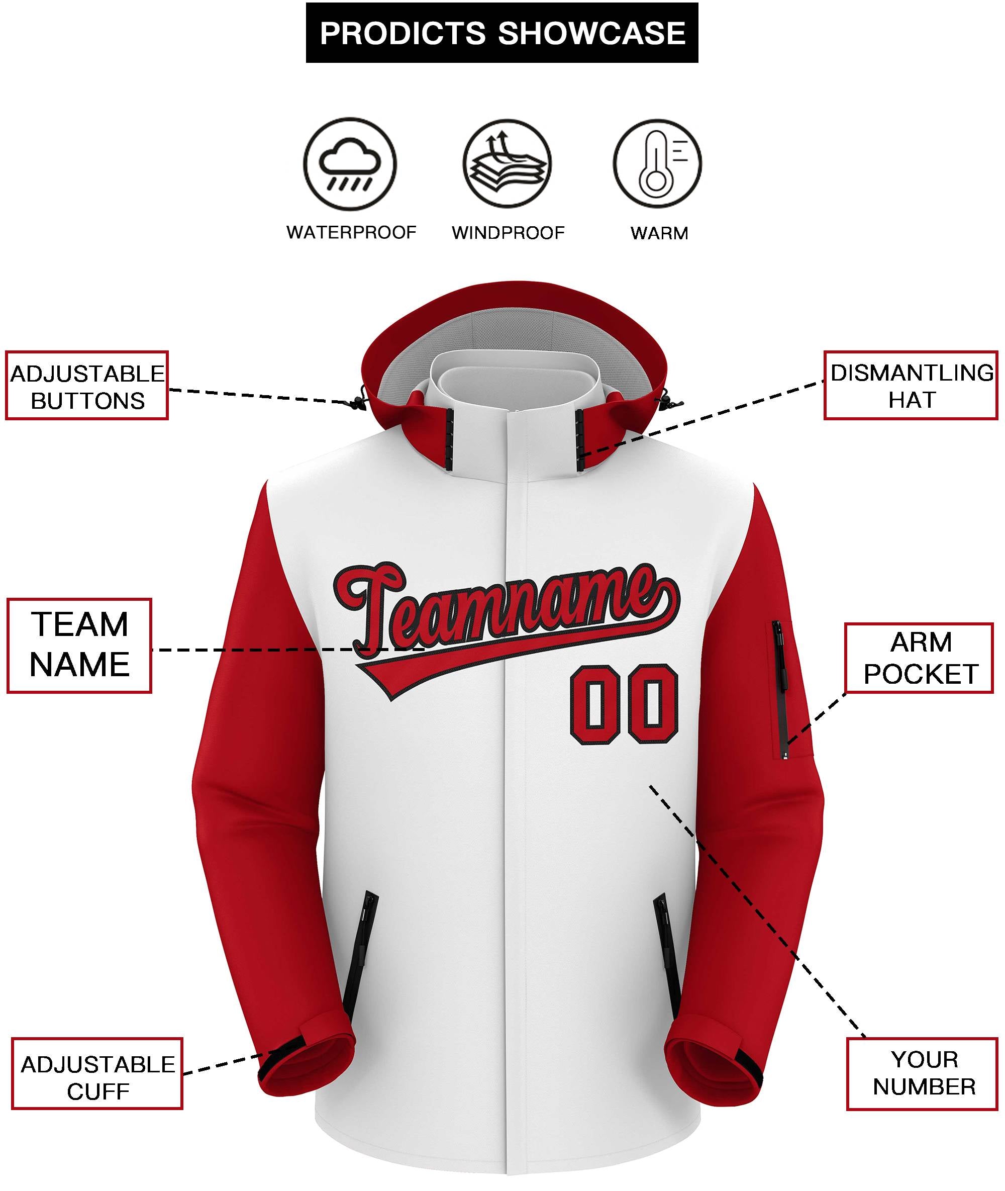 Custom White Red-Black Raglan Sleeves Waterproof Jacket