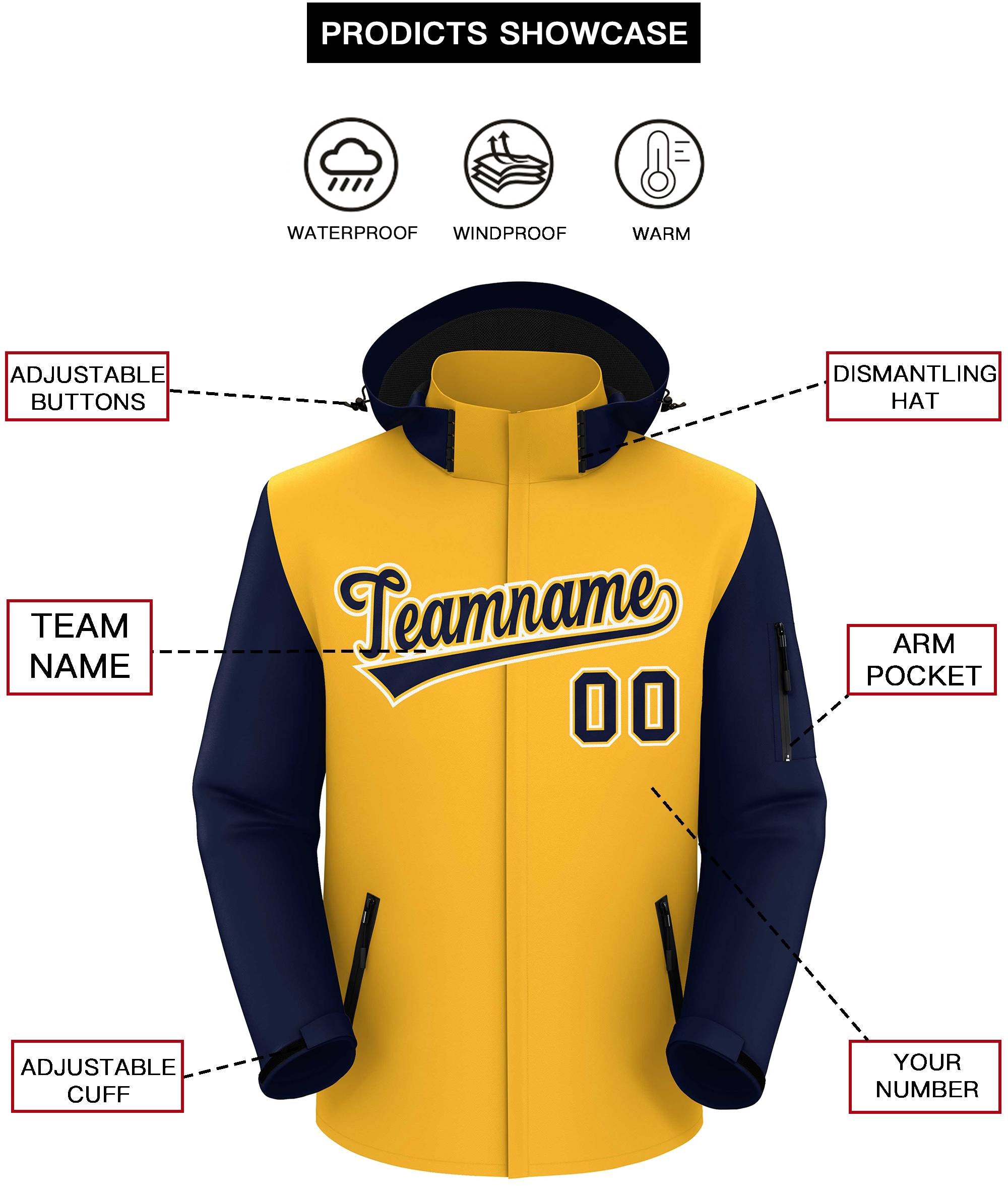 Custom Gold Navy-White Raglan Sleeves Waterproof Jacket