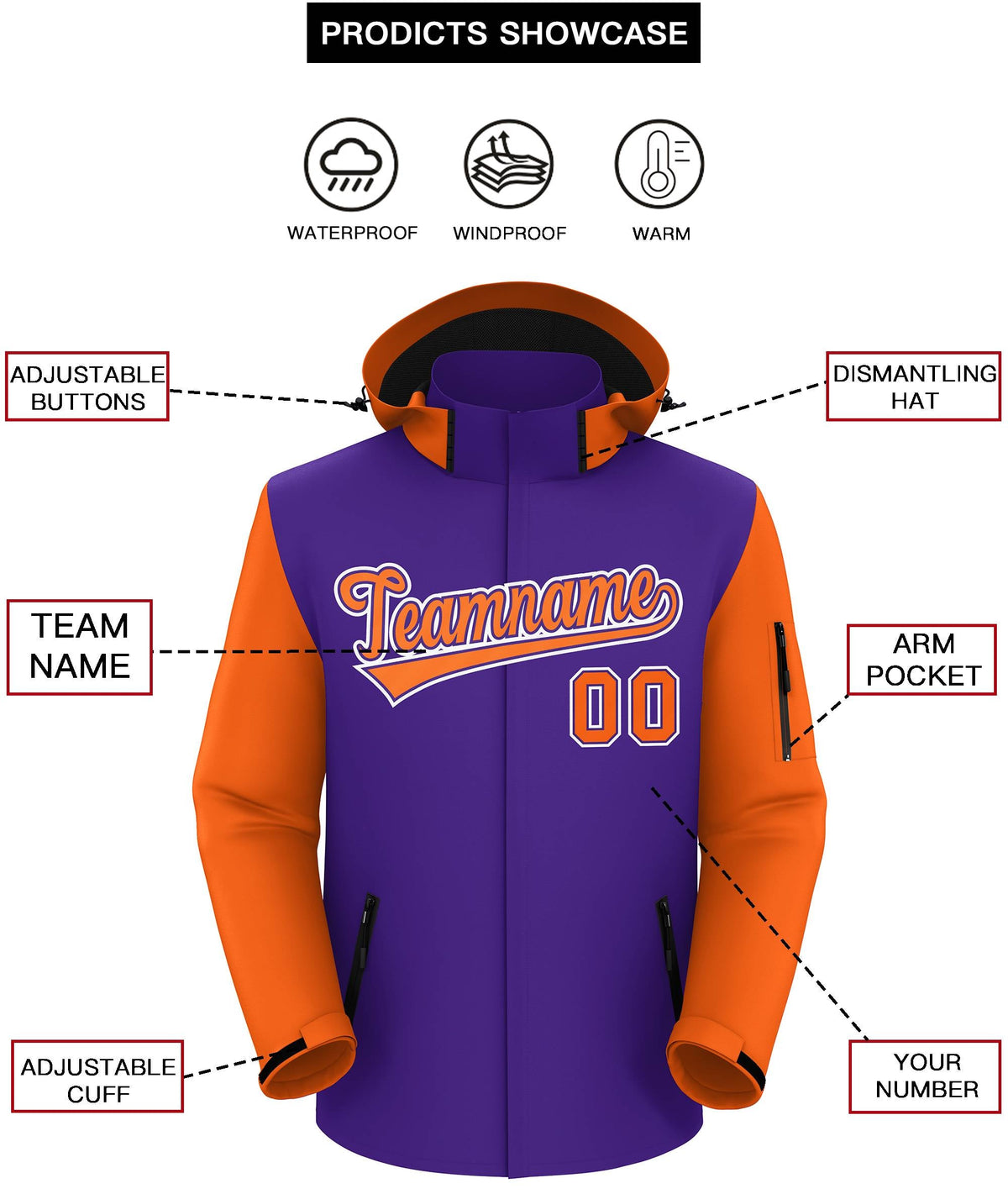 Custom Purple Orange-White Raglan Sleeves Waterproof Jacket
