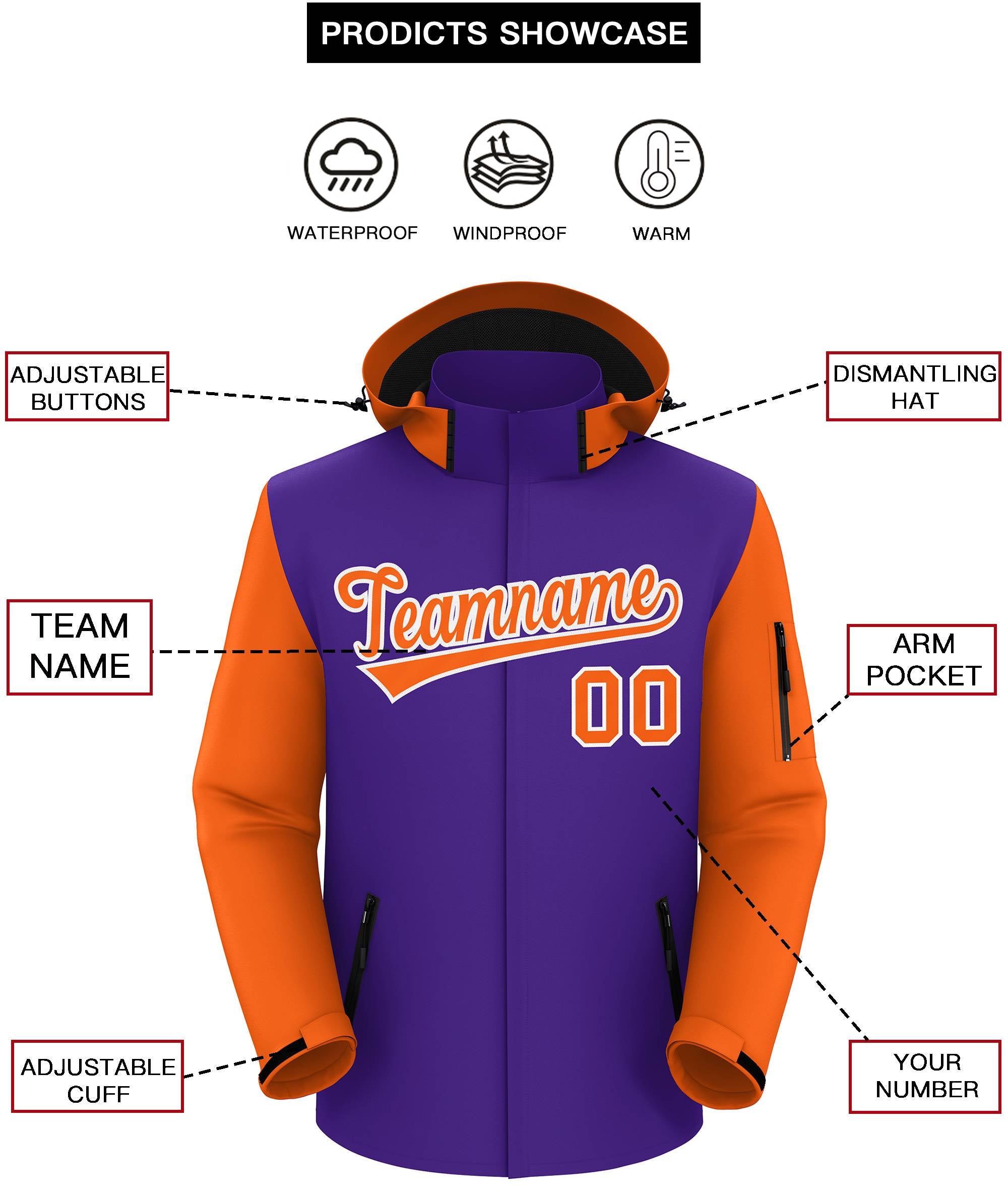 Custom Purple Orange-White Raglan Sleeves Waterproof Jacket