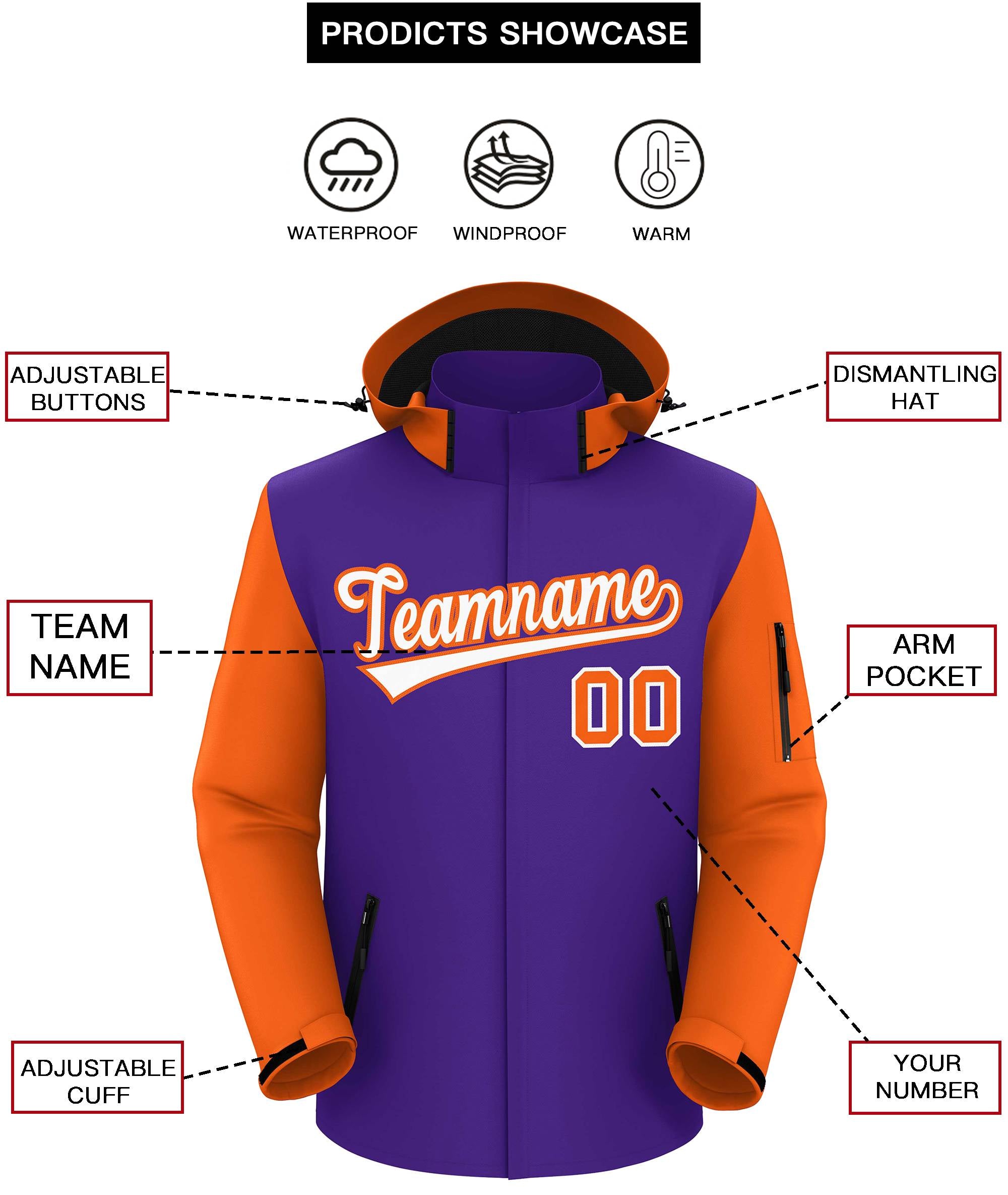 Custom Purple Orange-White Raglan Sleeves Waterproof Jacket
