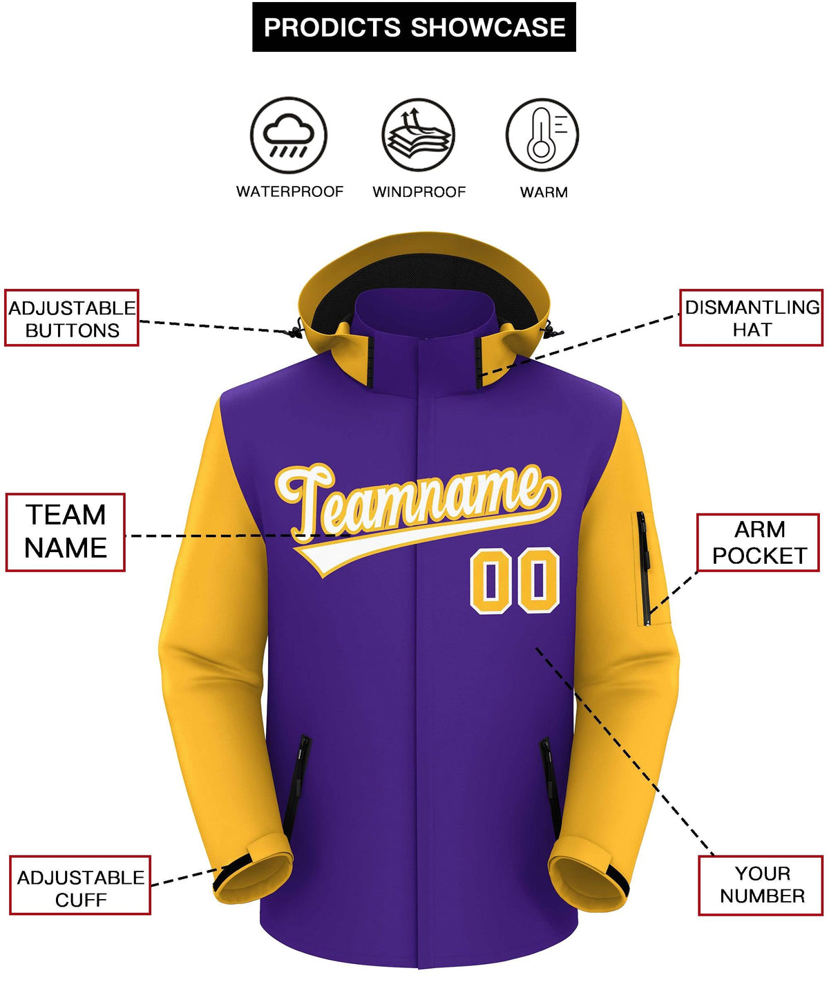Custom Purple Gold-White Raglan Sleeves Waterproof Jacket
