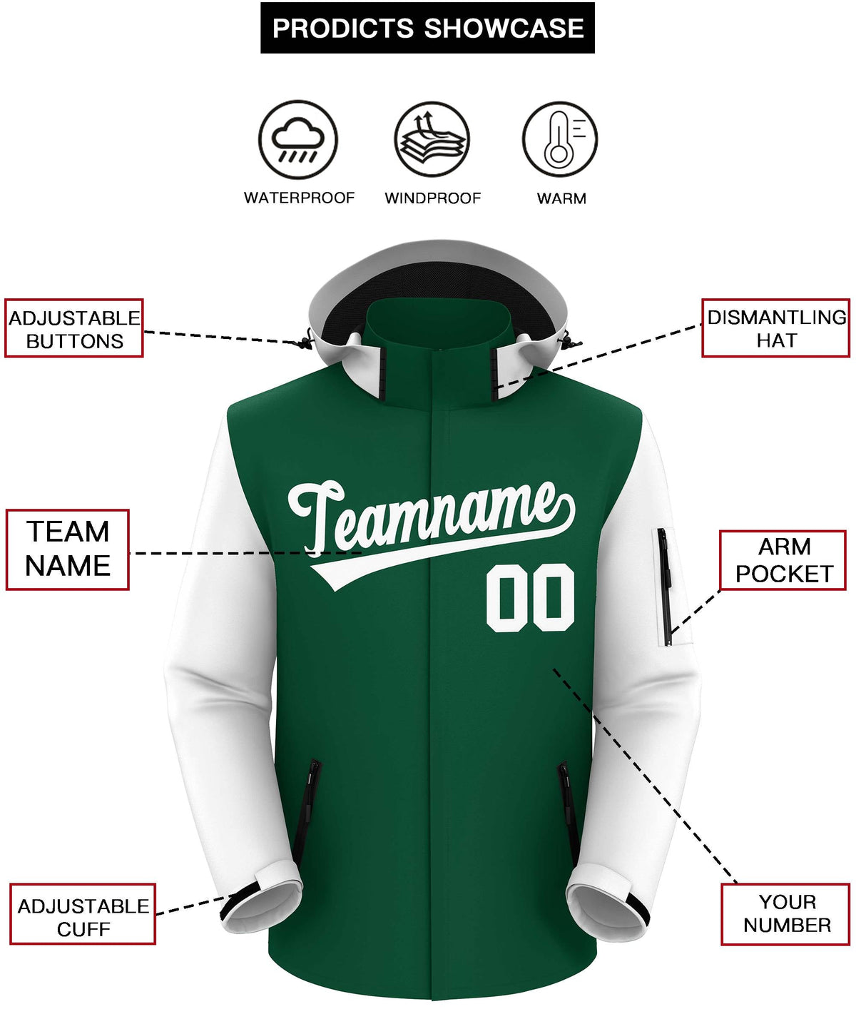 Custom Green White- Raglan Sleeves Waterproof Jacket