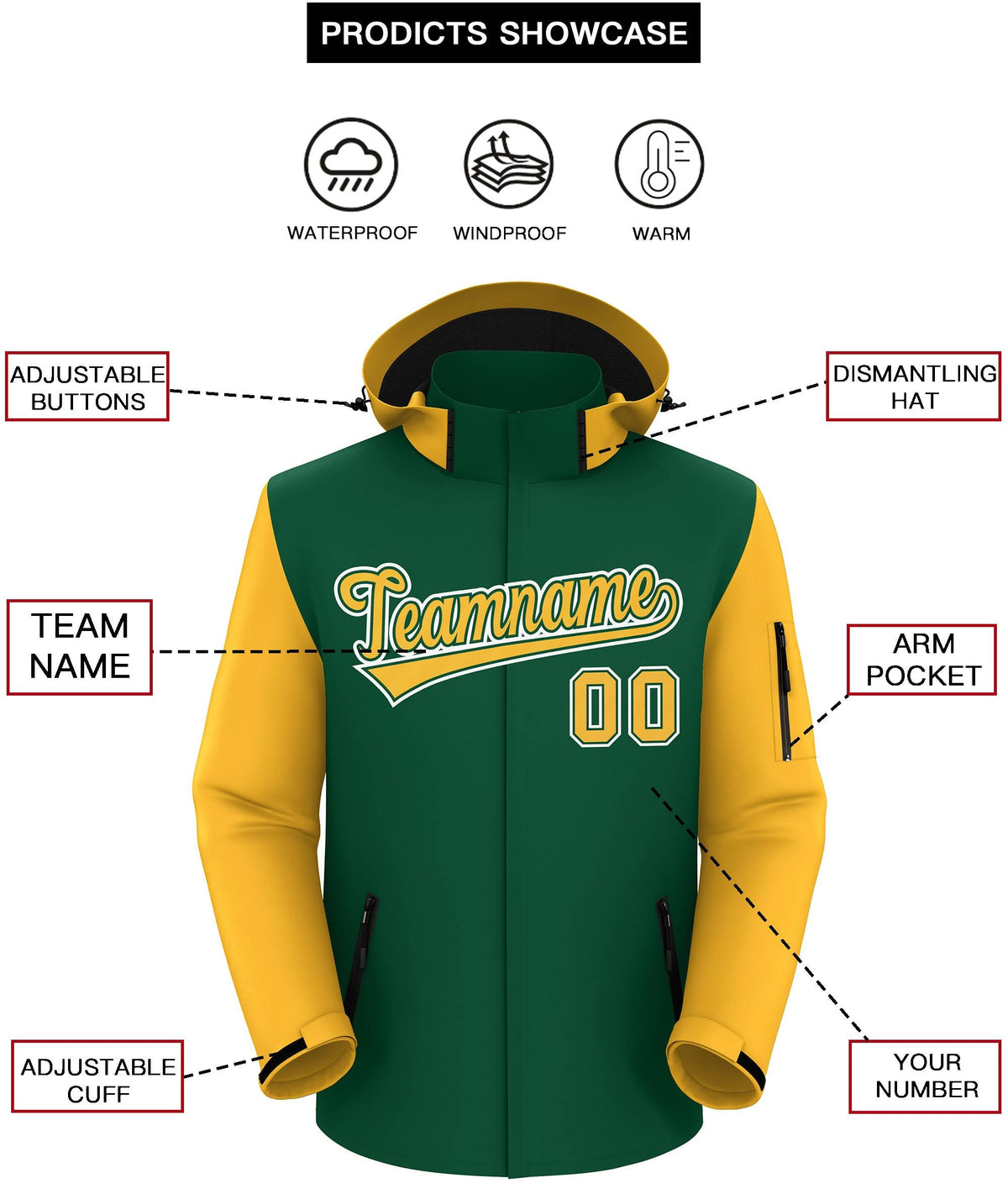Custom Green Gold-White Raglan Sleeves Waterproof Jacket
