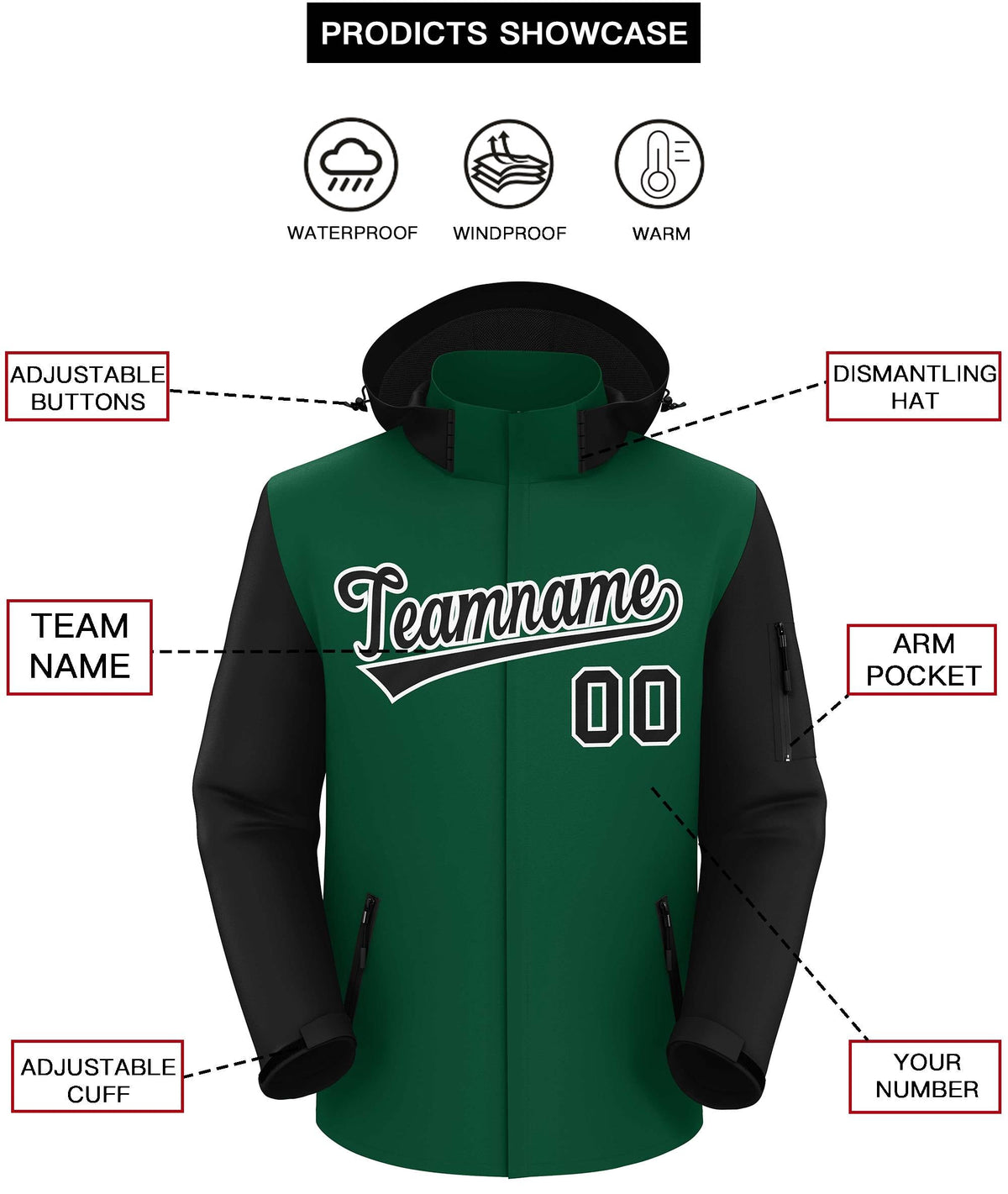 Custom Green Black-White Raglan Sleeves Waterproof Jacket