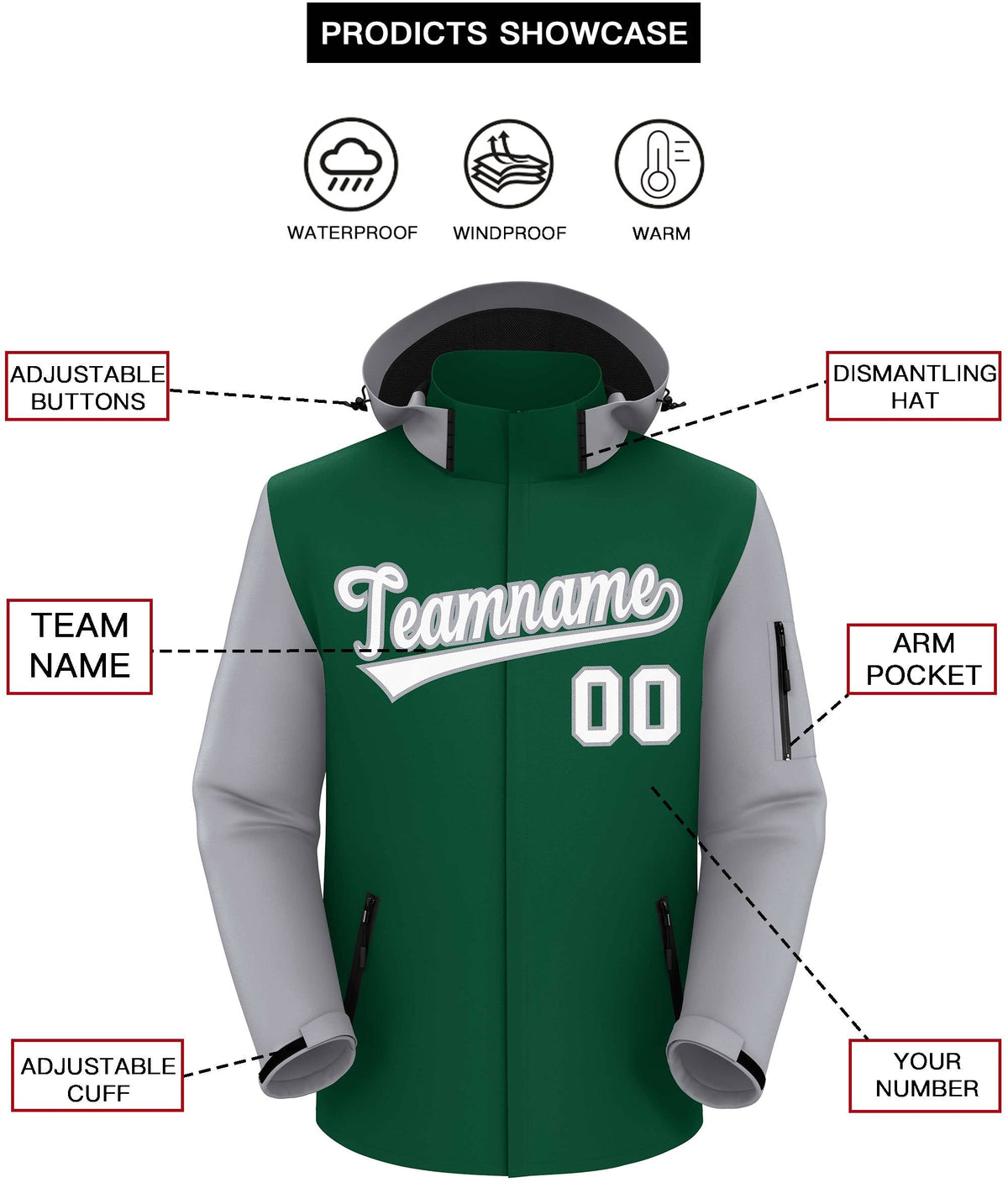 Custom Green Gray-White Raglan Sleeves Waterproof Jacket