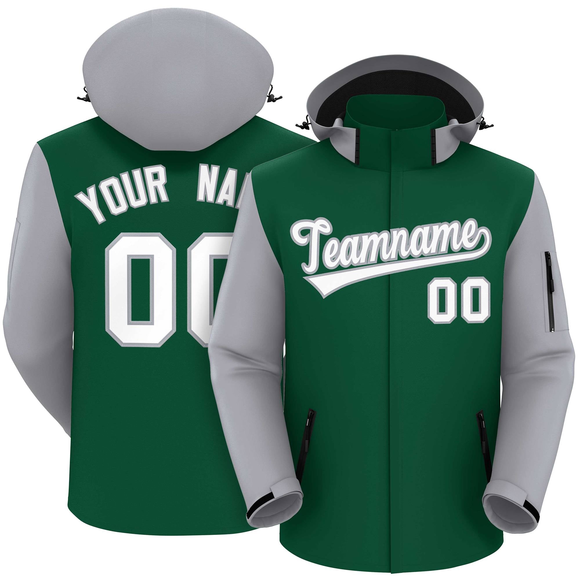 Custom Green Gray-White Raglan Sleeves Waterproof Jacket