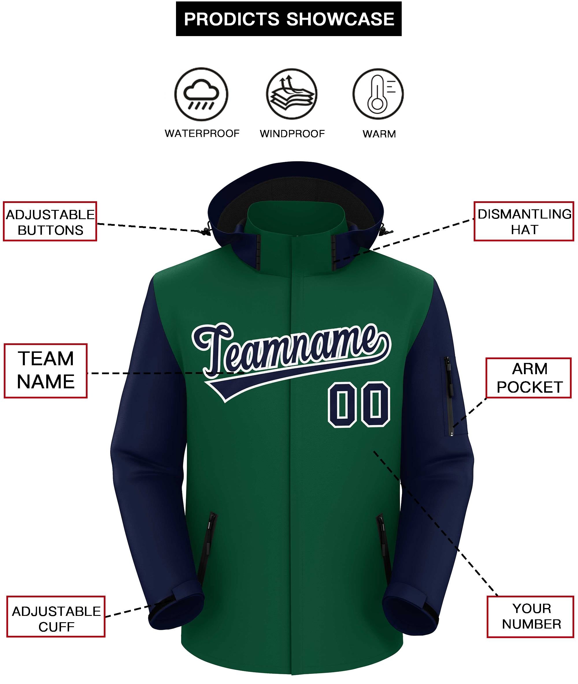 Custom Green Navy-White Raglan Sleeves Waterproof Jacket