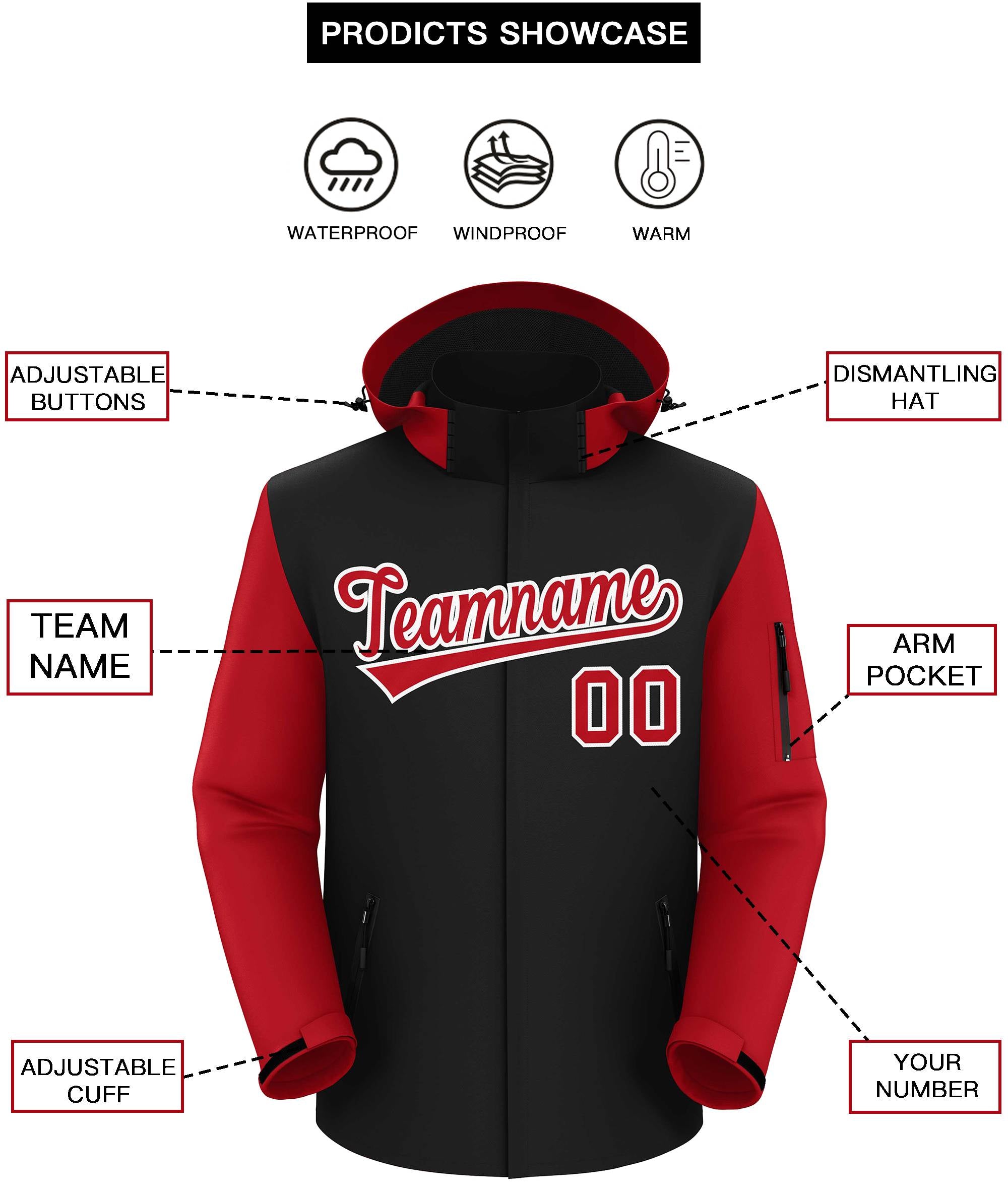 Custom Black Red-White Raglan Sleeves Waterproof Jacket
