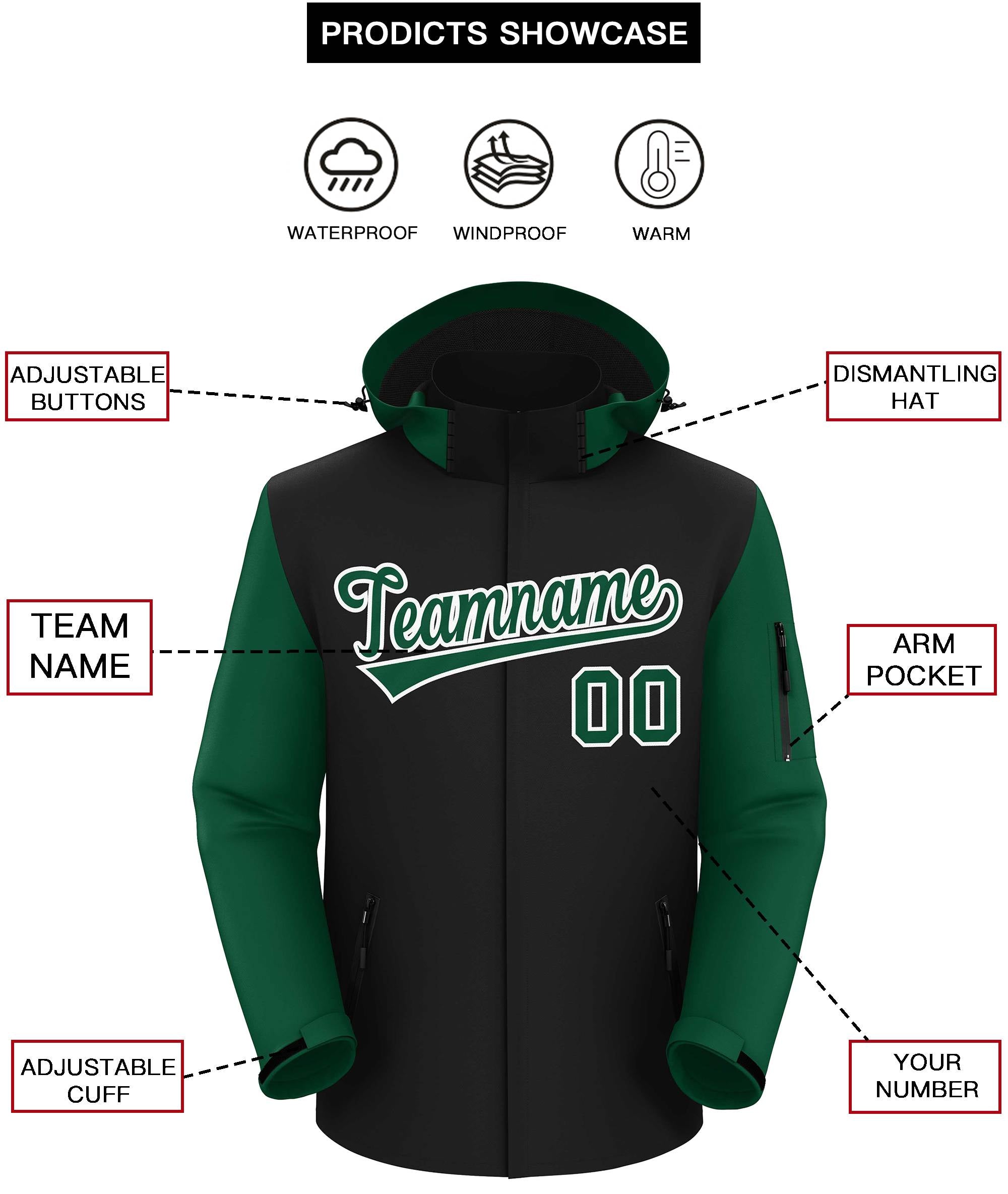 Custom Black Green-White Raglan Sleeves Waterproof Jacket