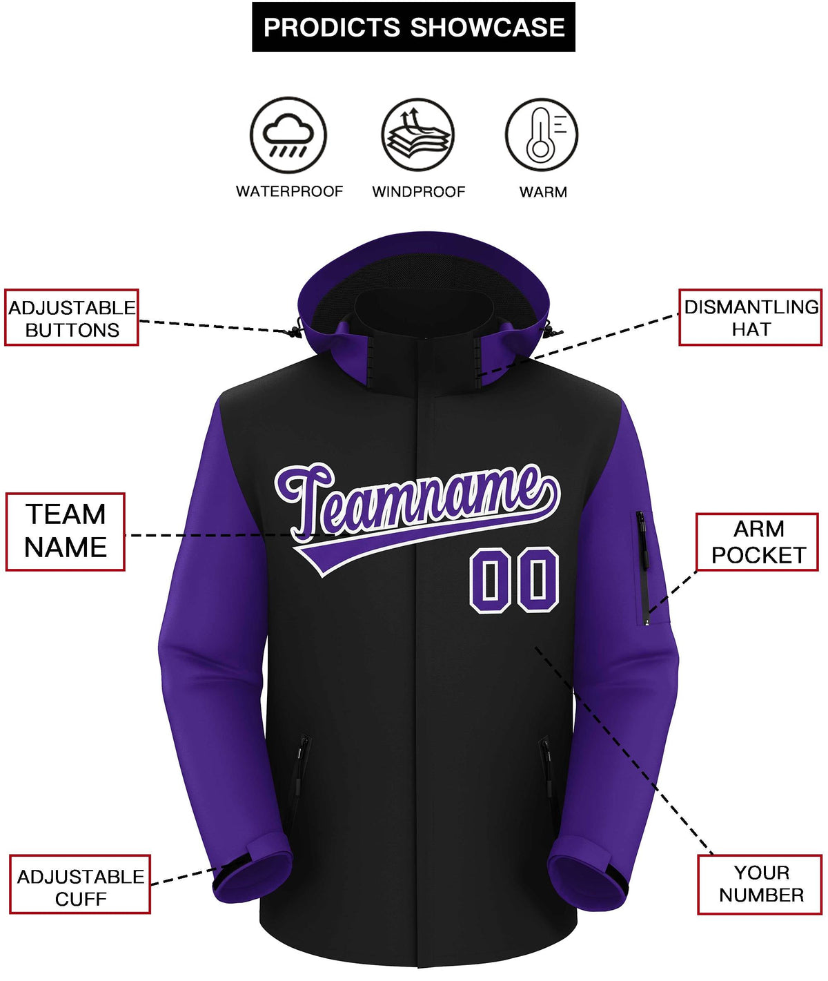 Custom Black Purple-White Raglan Sleeves Waterproof Jacket