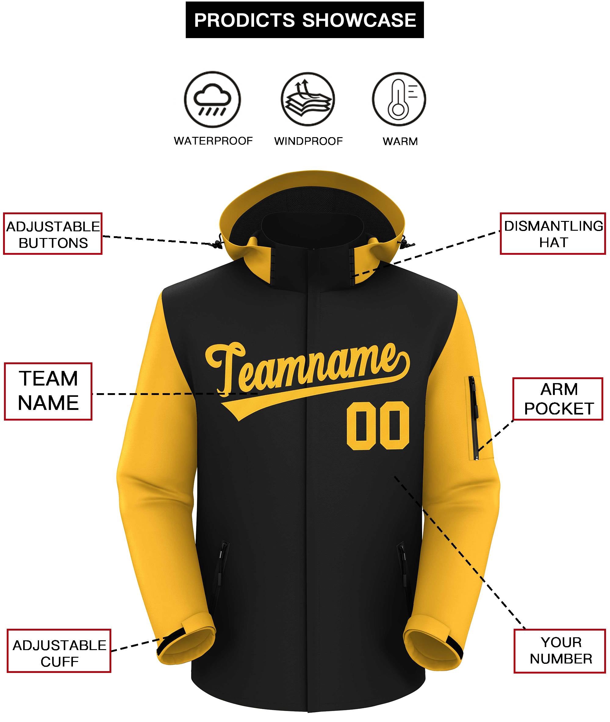 Custom Black Gold Raglan Sleeves Waterproof Jacket