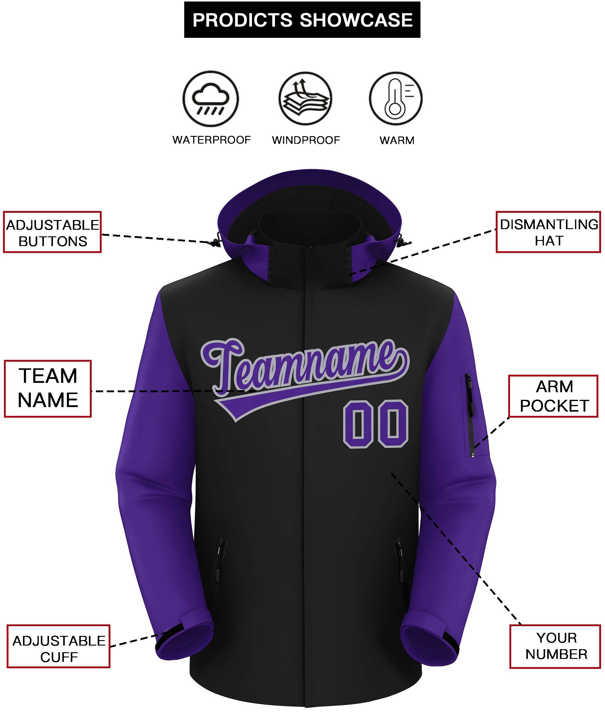 Custom Black Purple-Gray Raglan Sleeves Waterproof Jacket