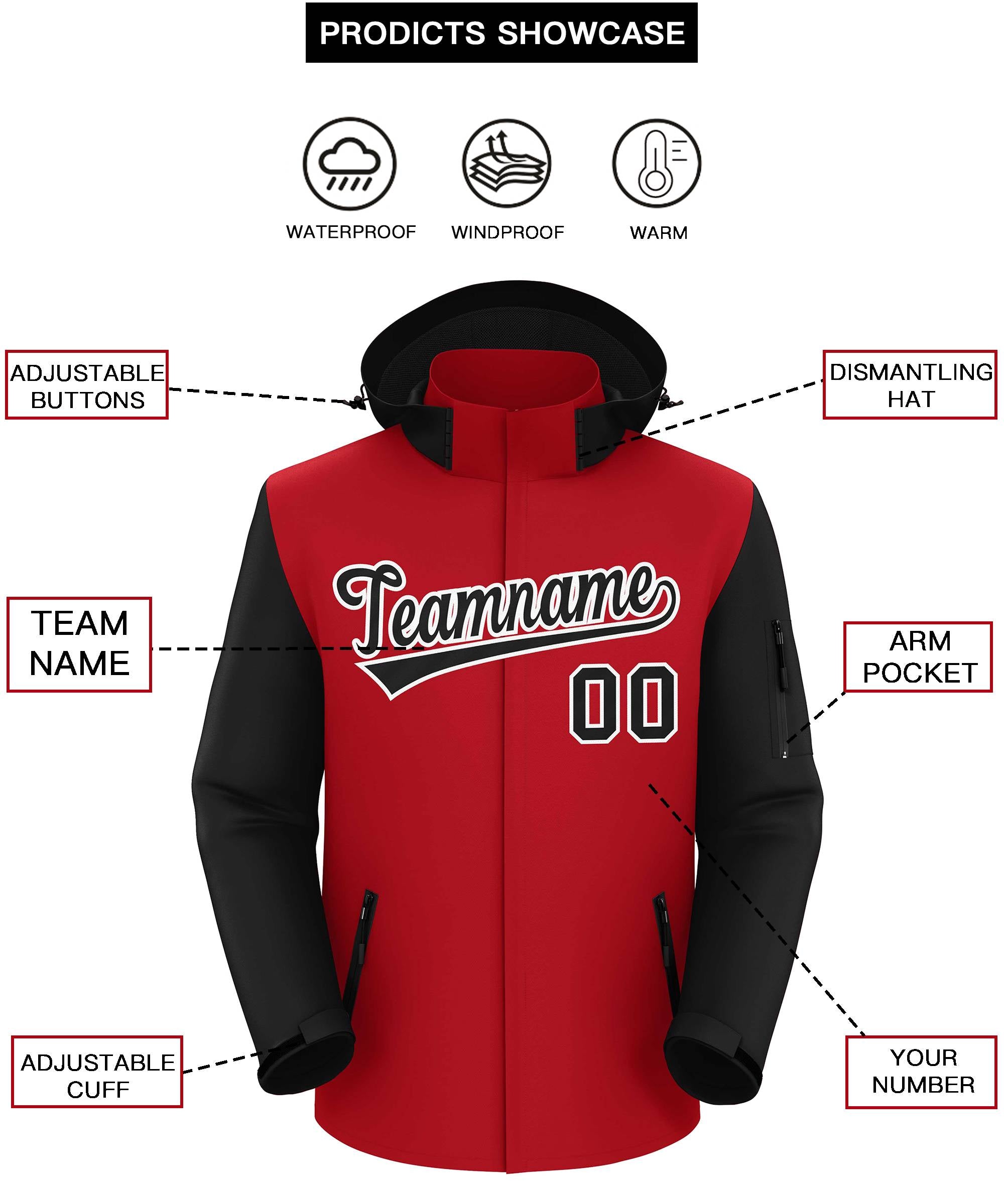Custom Red Black-White Raglan Sleeves Waterproof Jacket