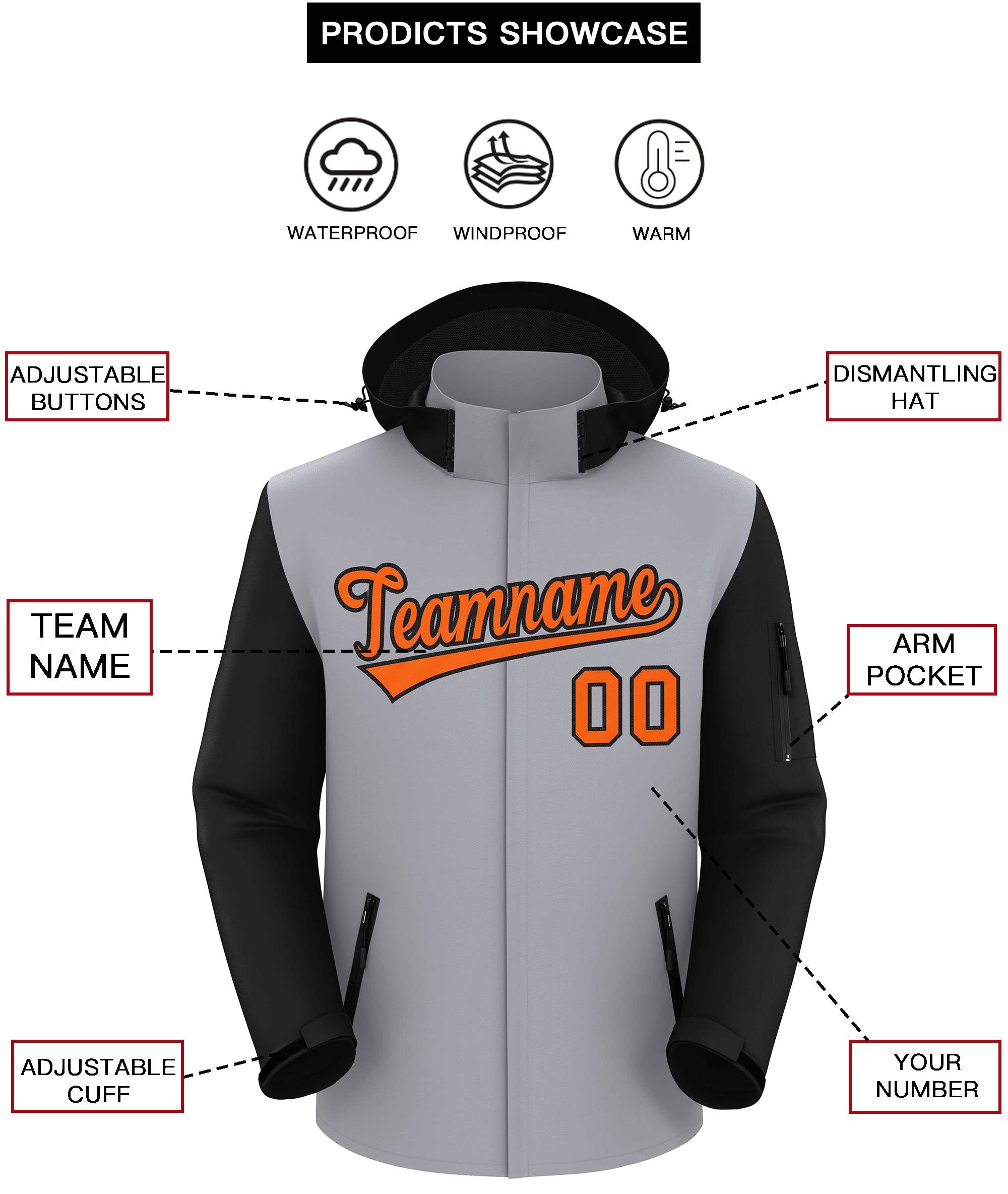 Custom Gray Black-Orange Raglan Sleeves Waterproof Jacket
