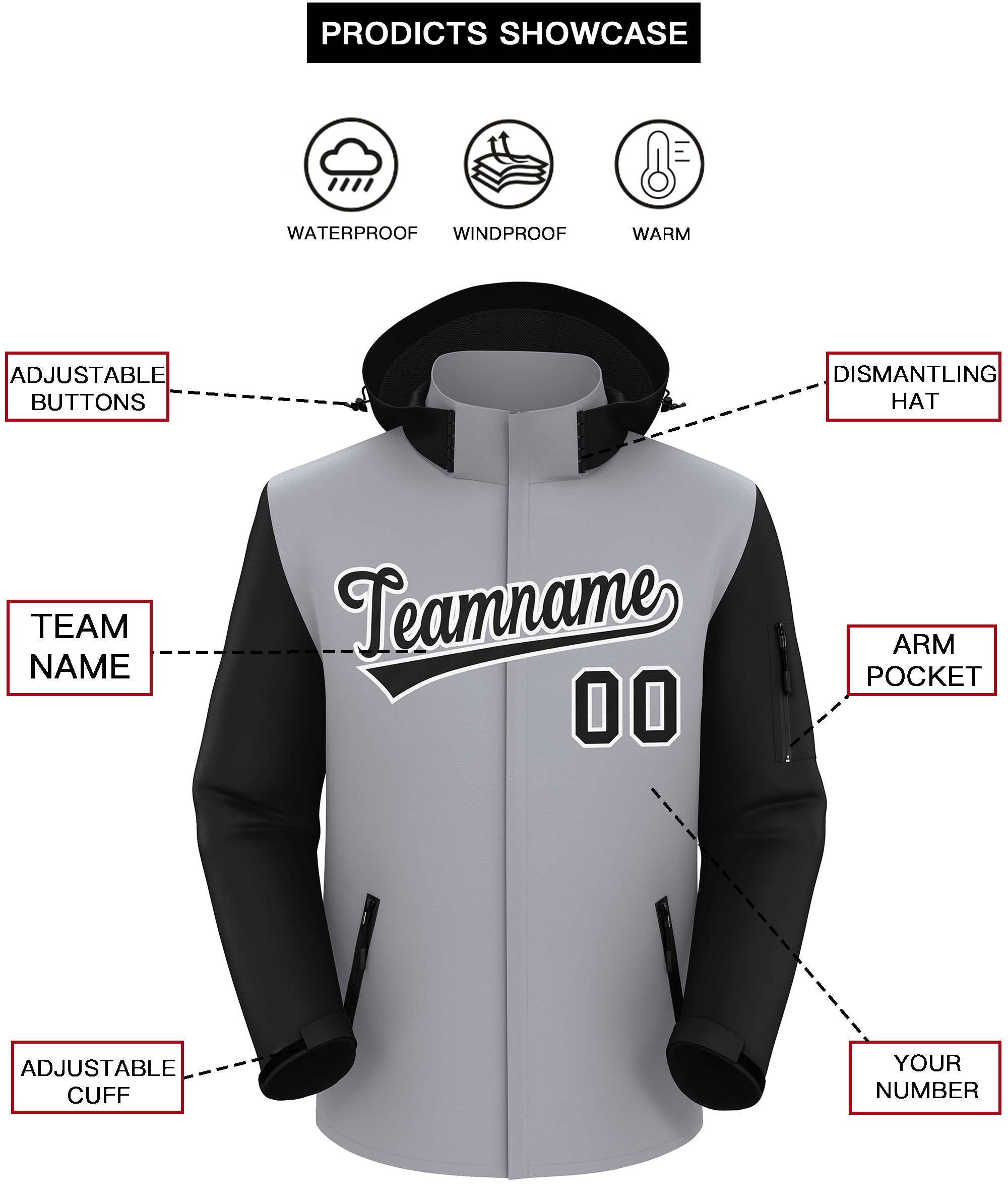 Custom Gray Black-White Raglan Sleeves Waterproof Jacket