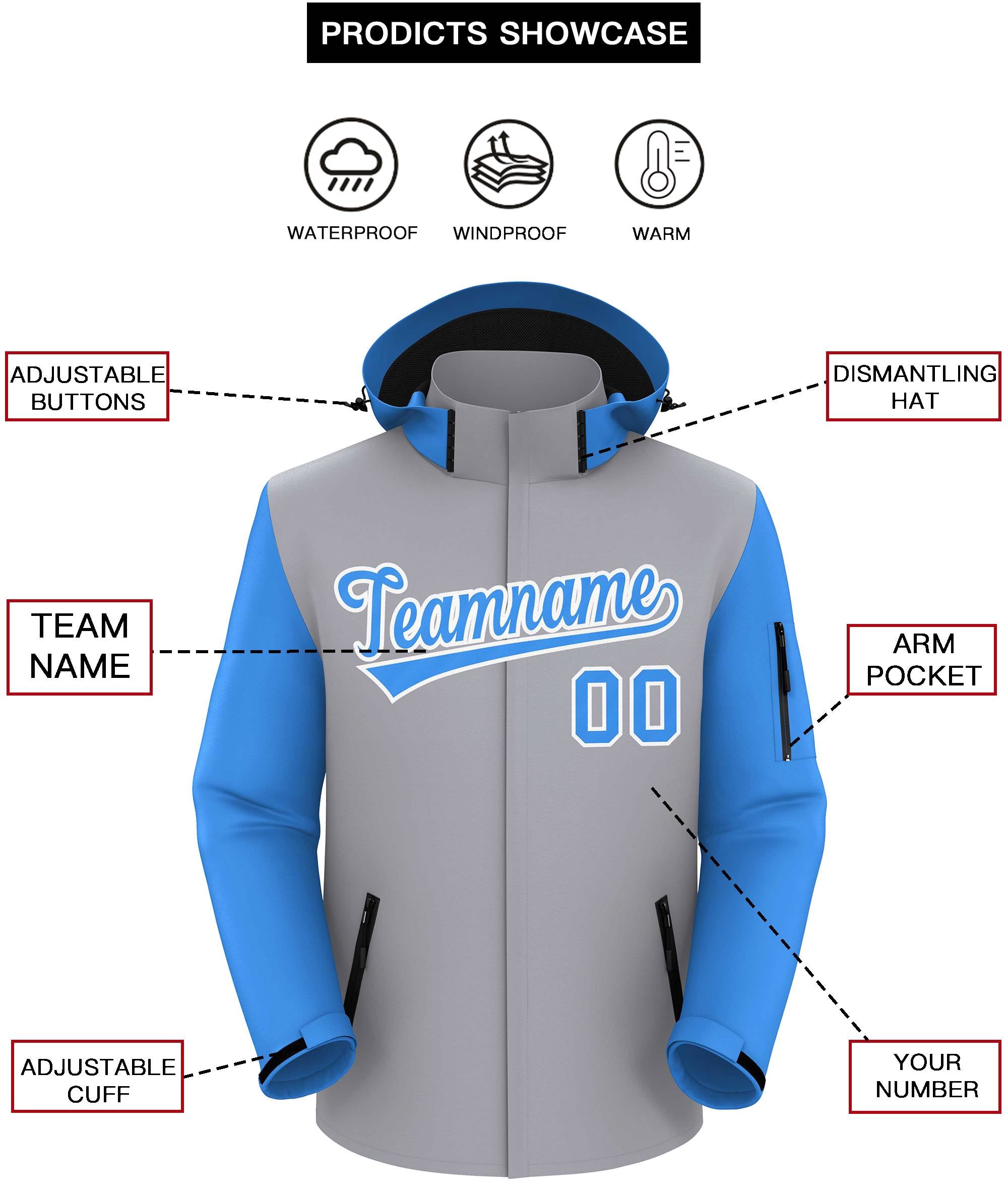 Custom Gray Powder Blue-White Raglan Sleeves Waterproof Jacket