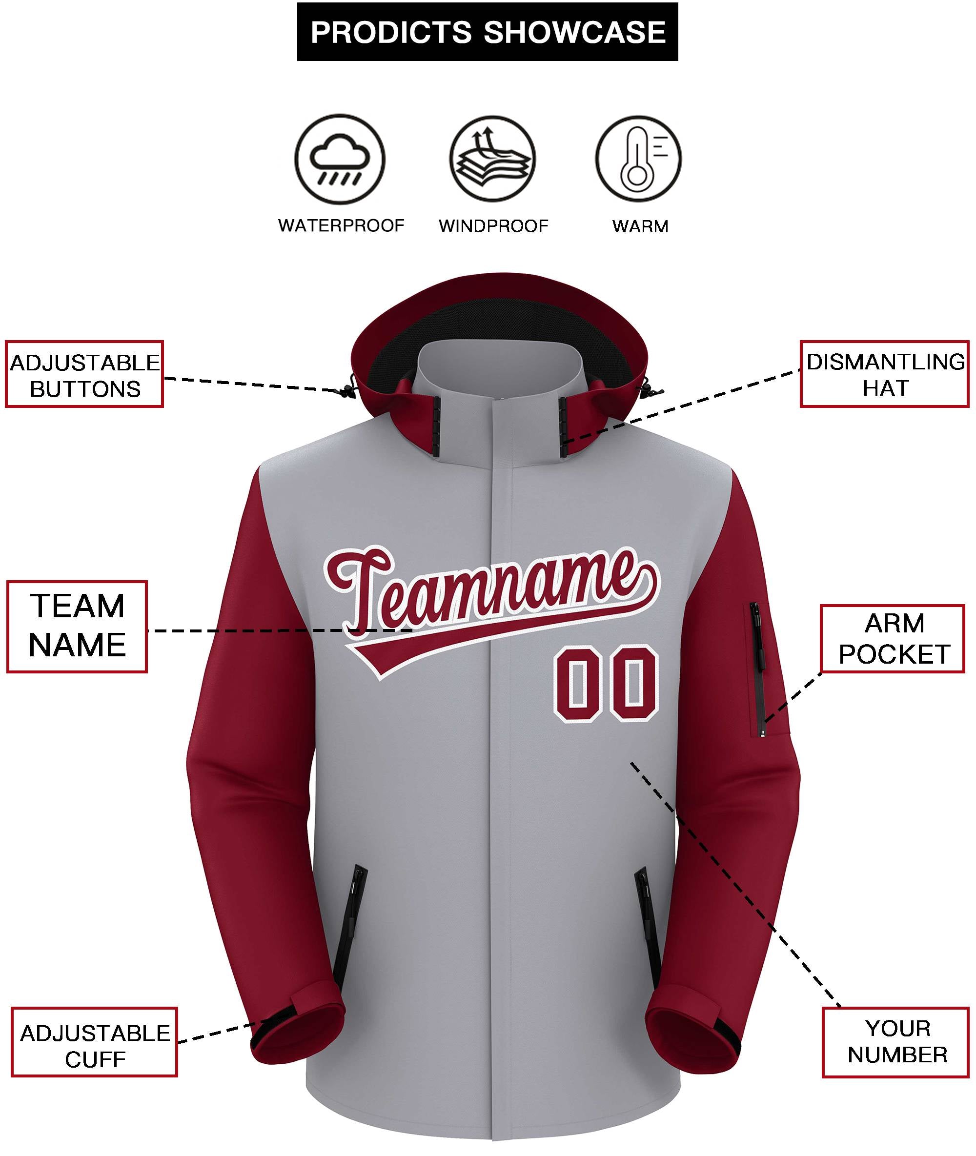 Custom Gray Crimson-White Raglan Sleeves Waterproof Jacket