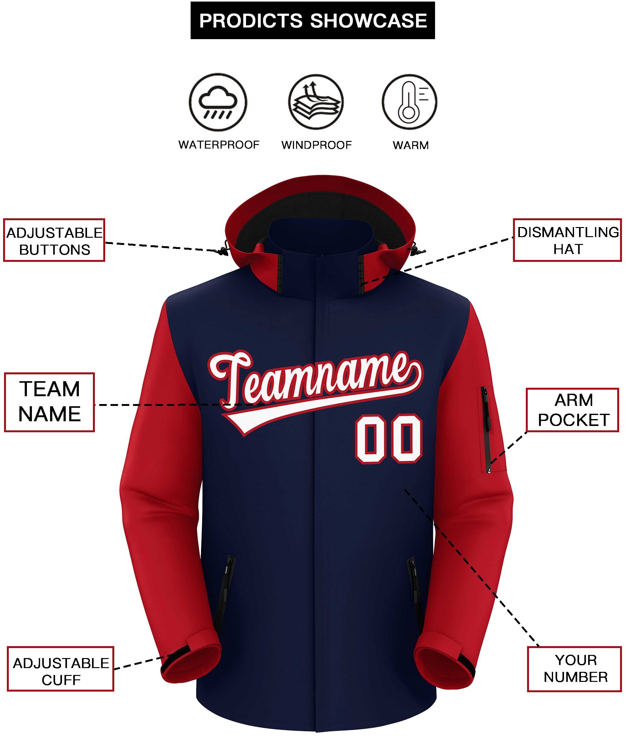Custom Navy Red-White Raglan Sleeves Waterproof Jacket