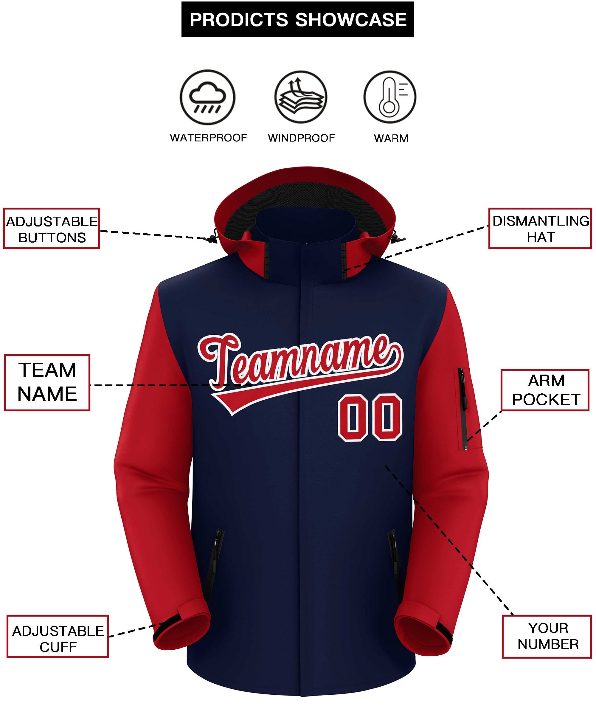 Custom Navy Red-White Raglan Sleeves Waterproof Jacket