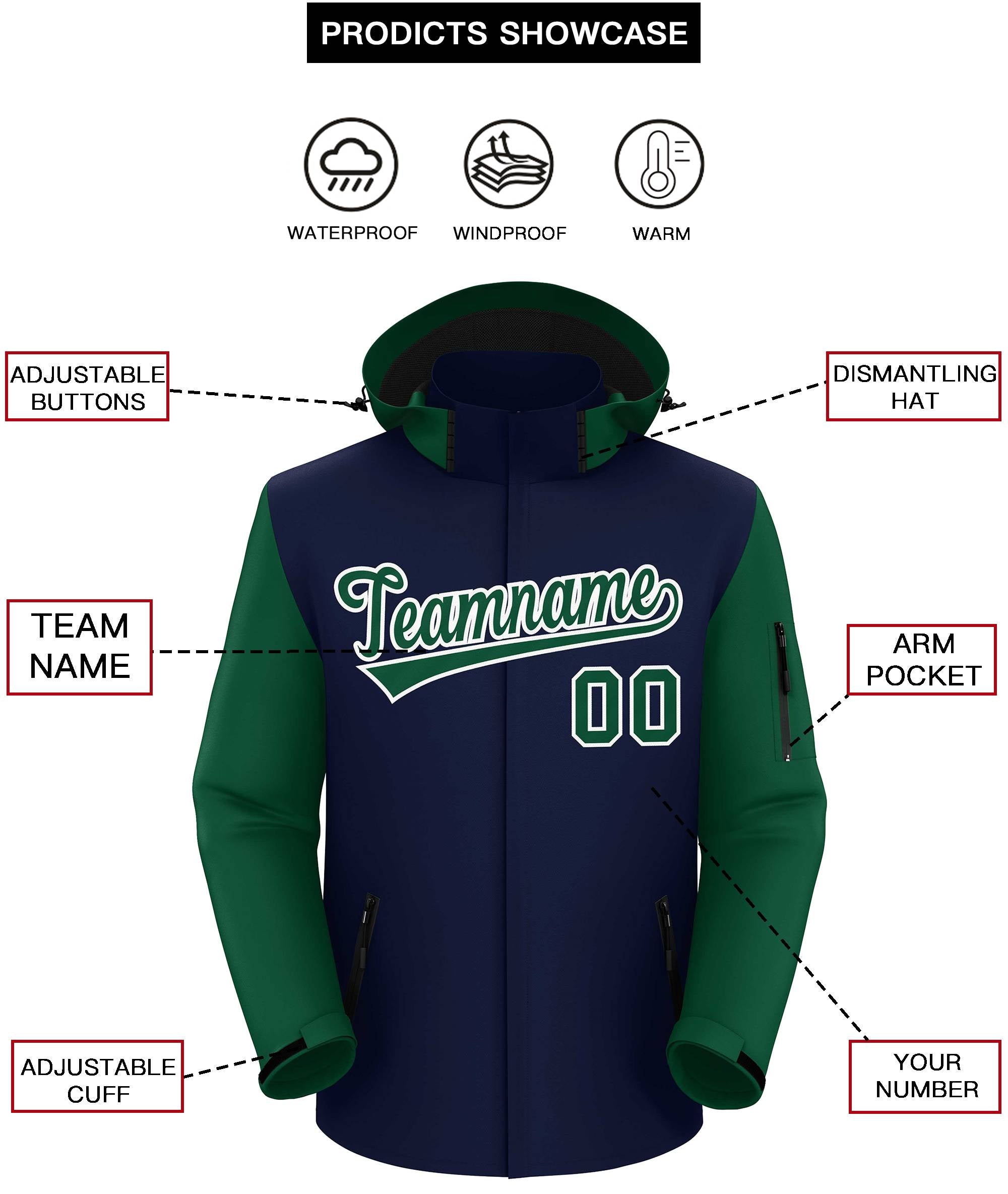 Custom Navy Green-White Raglan Sleeves Waterproof Jacket