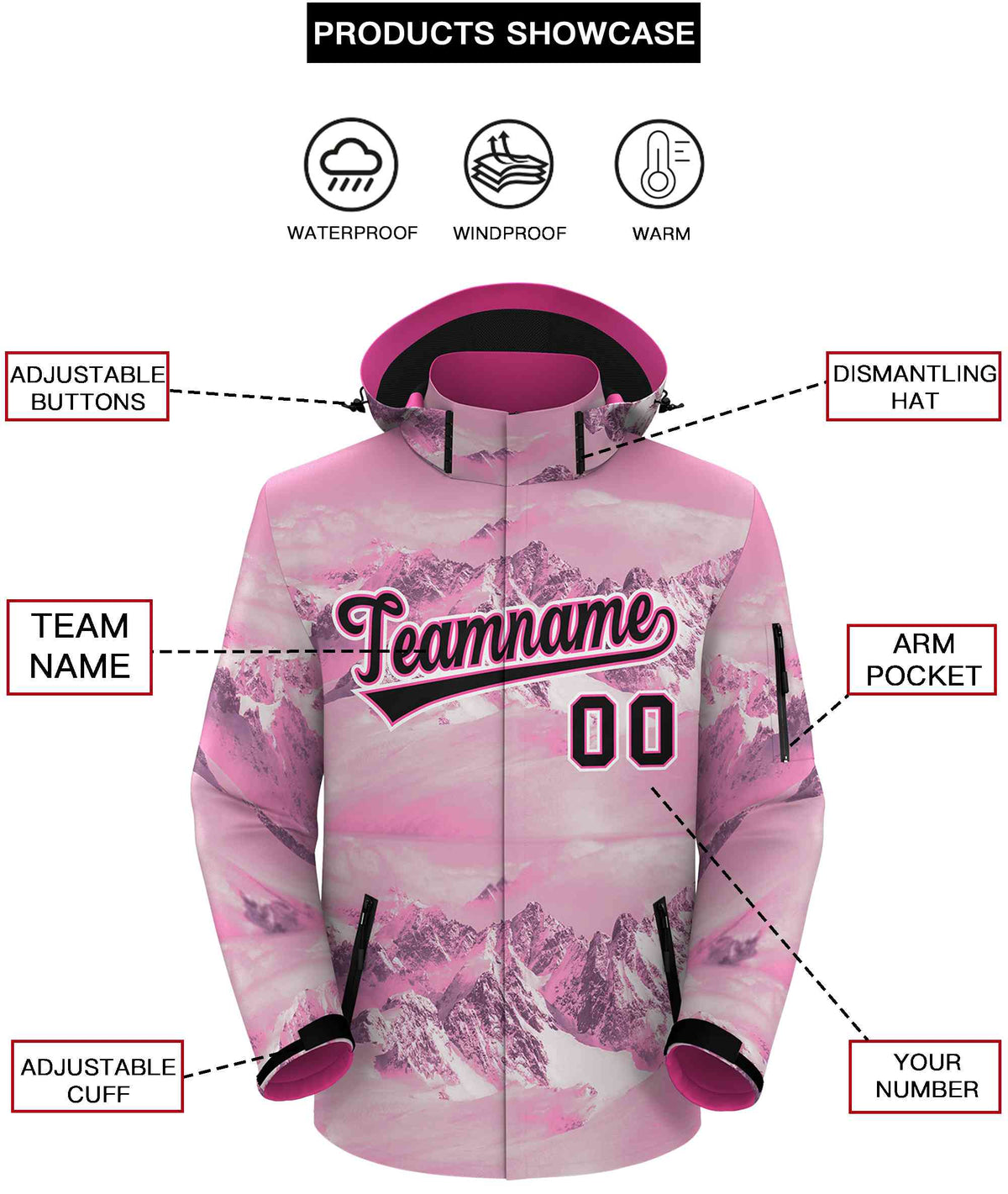 Custom Pink Black-White Graffiti Pattern Outdoor Personalized Waterproof Jacket for Climbing