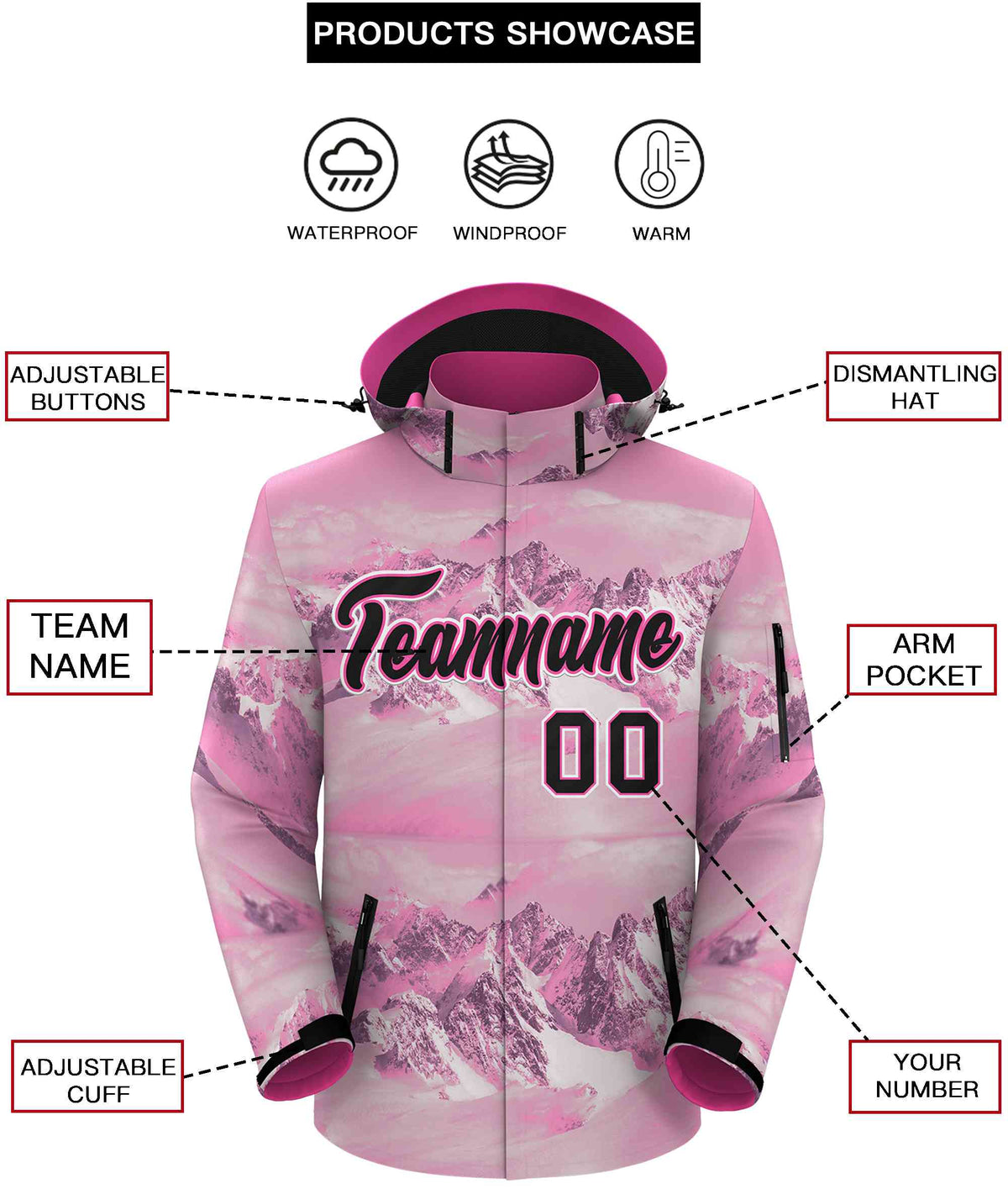 Custom Pink Black-White Graffiti Pattern Outdoor Personalized Waterproof Jacket for Climbing