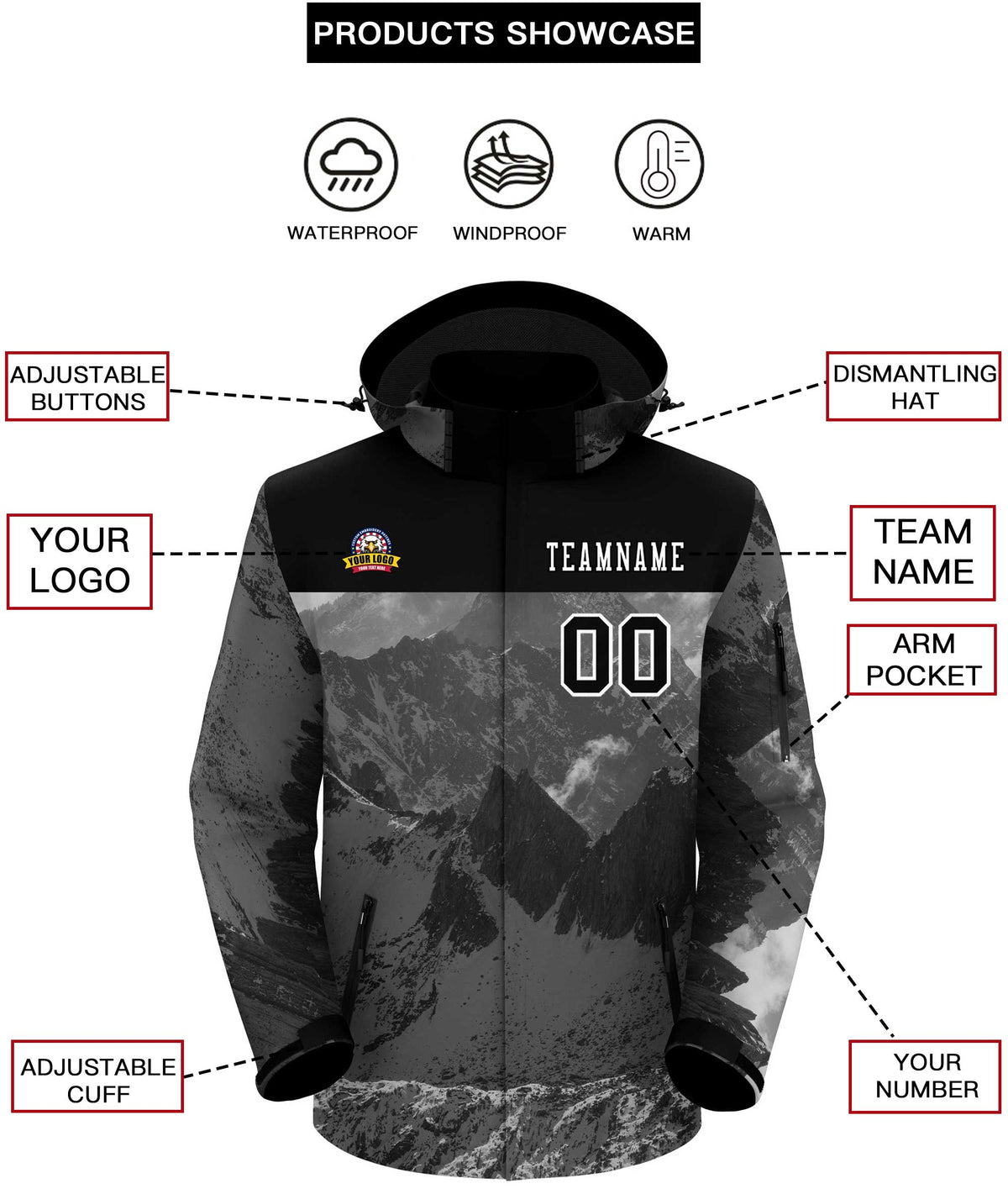 Custom Black White Snow Mountain Graffiti Pattern Personalized Outdoor Hooded Waterproof Jacket