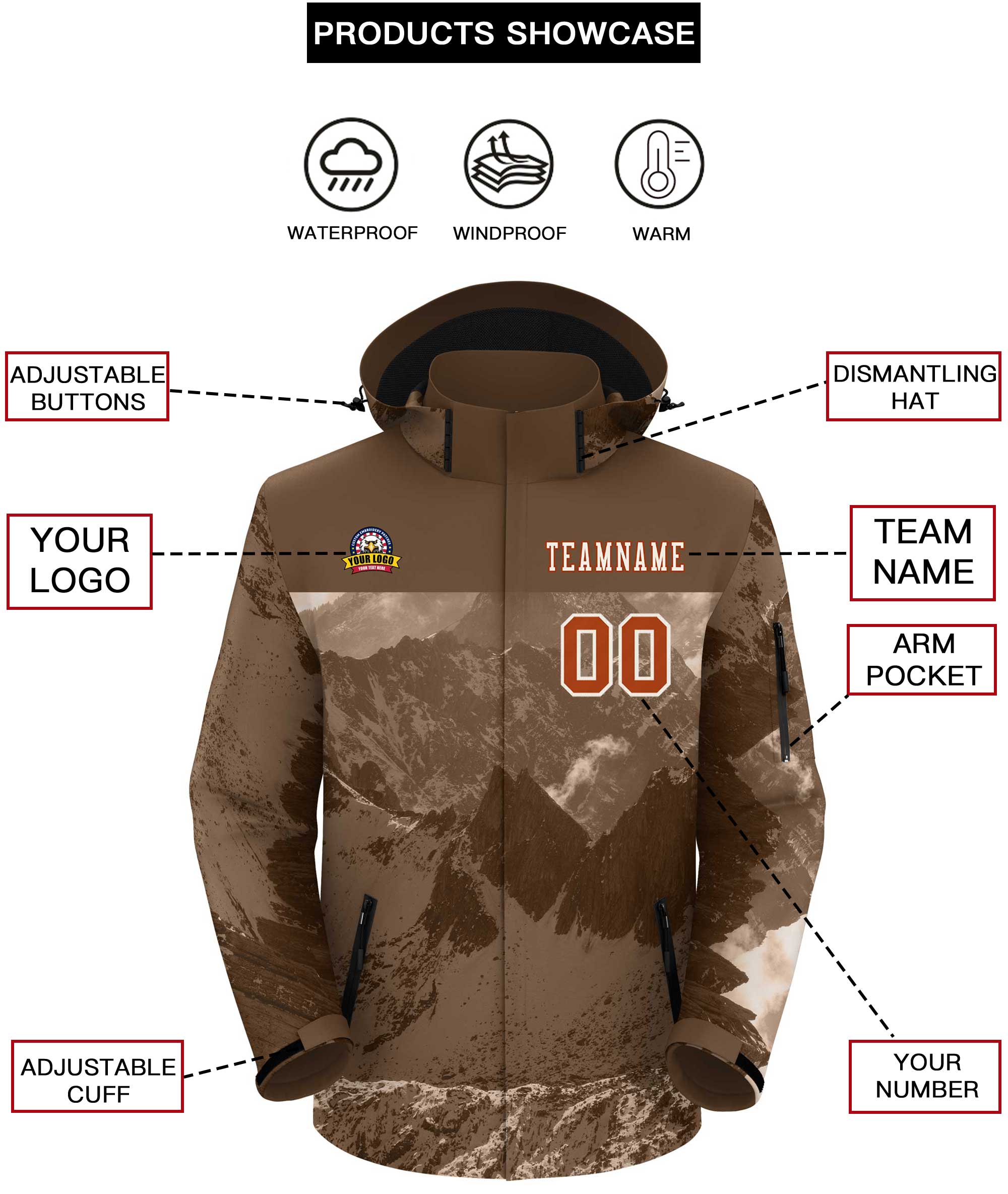 Custom Lt Brown Texas Orange Snow Mountain Graffiti Pattern Personalized Outdoor Hooded Waterproof Jacket