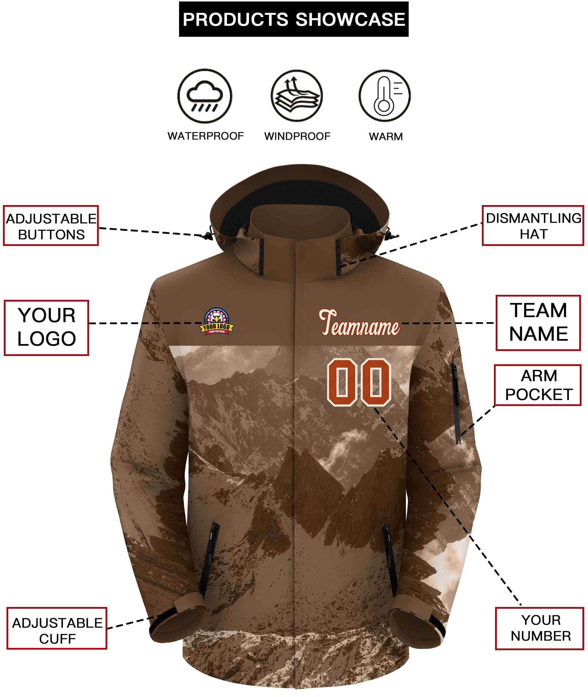 Custom Lt Brown Texas Orange Snow Mountain Graffiti Pattern Personalized Outdoor Hooded Waterproof Jacket