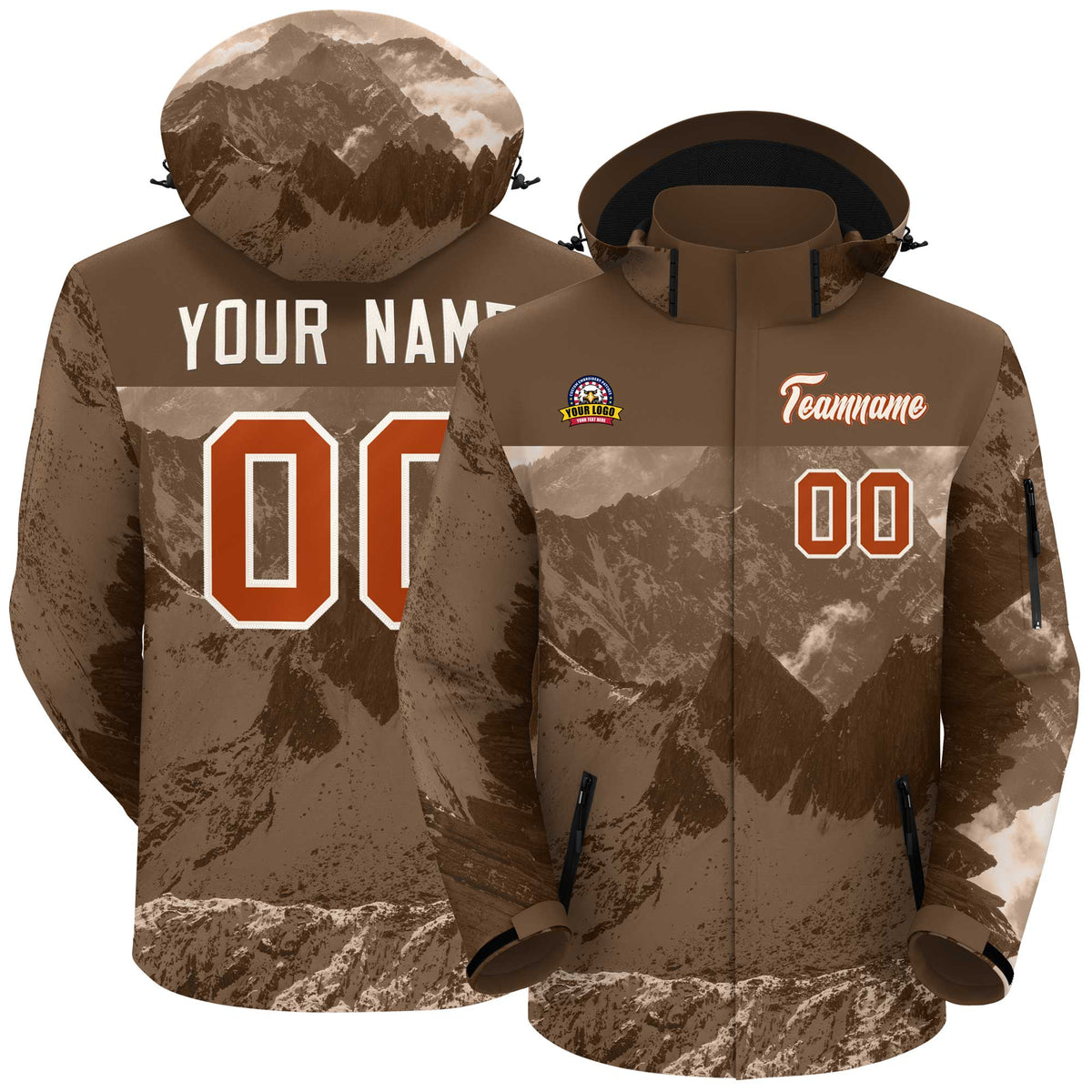 Custom Lt Brown Texas Orange Snow Mountain Graffiti Pattern Personalized Outdoor Hooded Waterproof Jacket