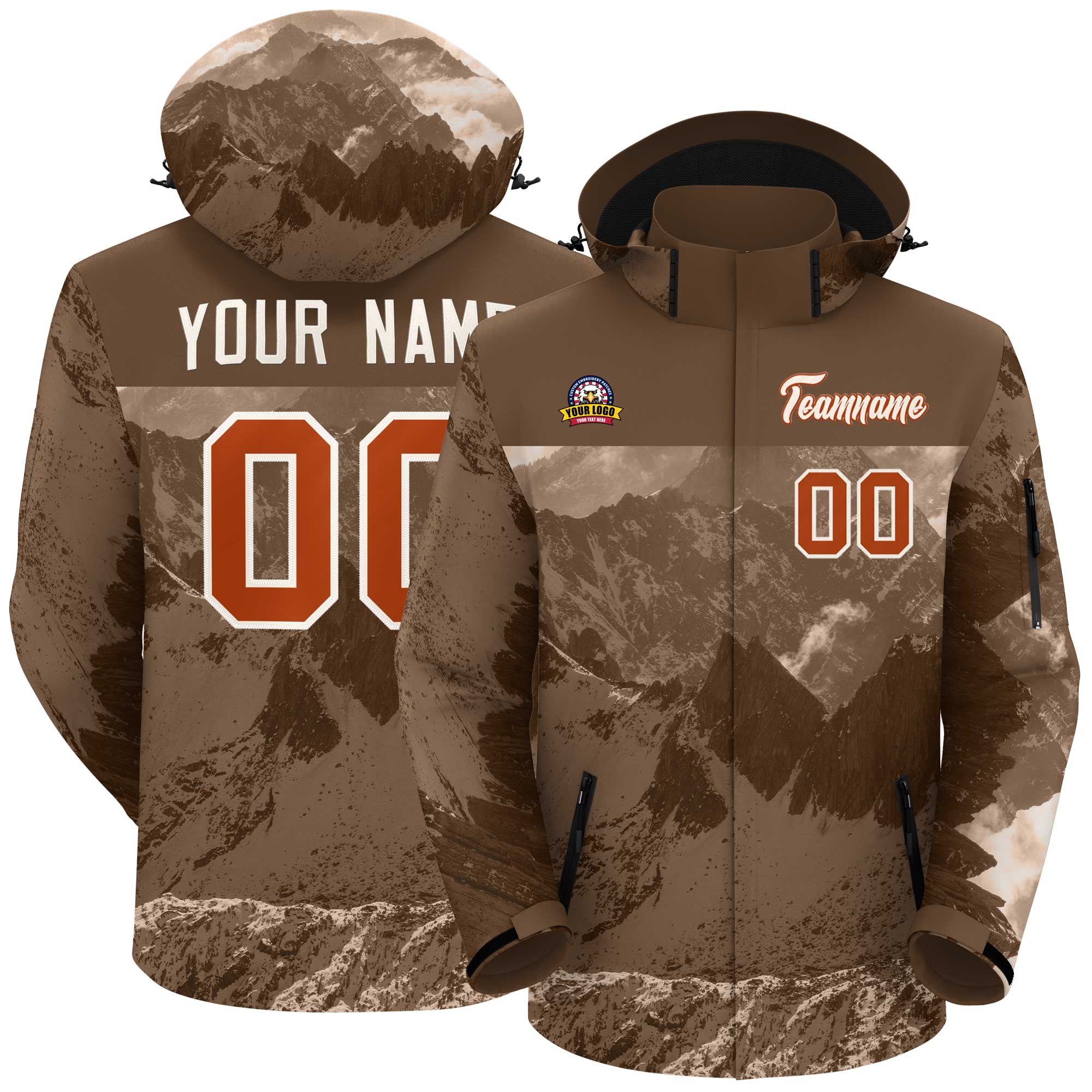 Custom Lt Brown Texas Orange Snow Mountain Graffiti Pattern Personalized Outdoor Hooded Waterproof Jacket