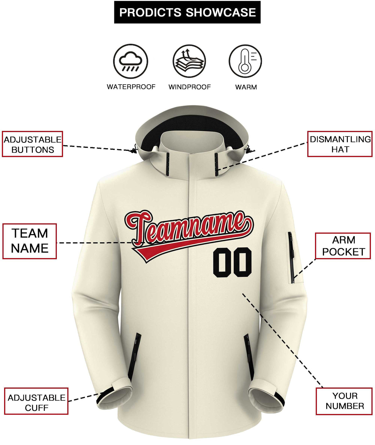 Custom Cream Red-Black Classic Style Waterproof Jacket