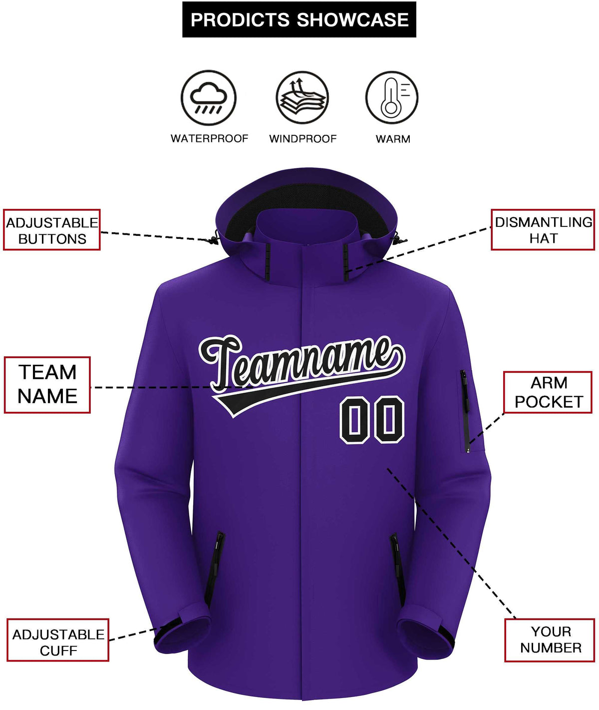 Custom Purple Black-White Classic Style Waterproof Jacket