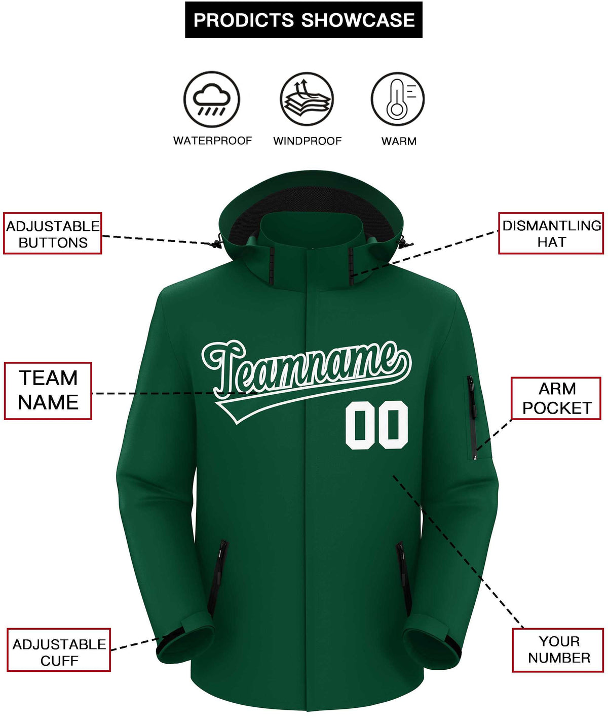 Custom Green Green-White Classic Style Waterproof Jacket