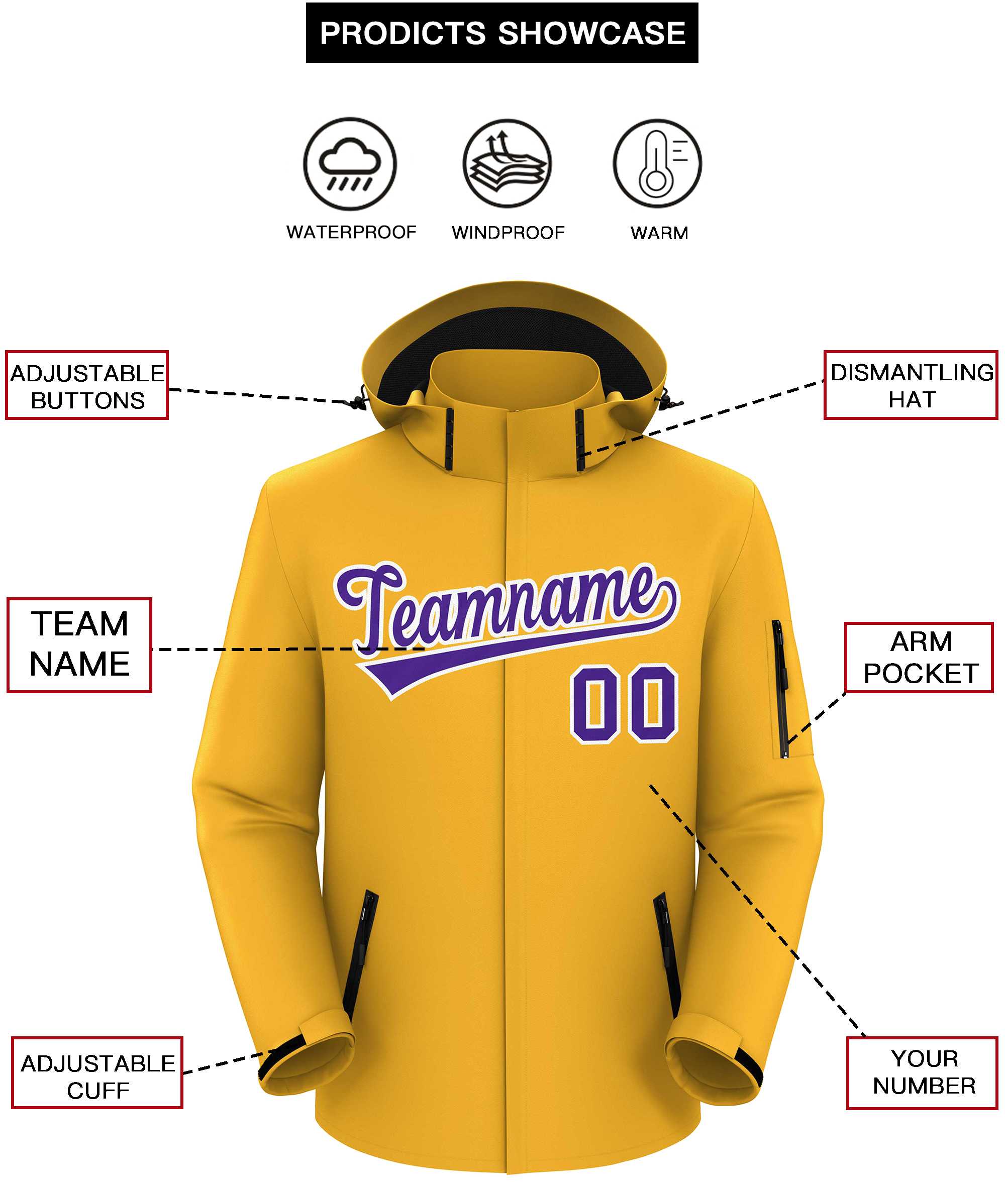 Custom Gold Purple-White Classic Style Waterproof Jacket
