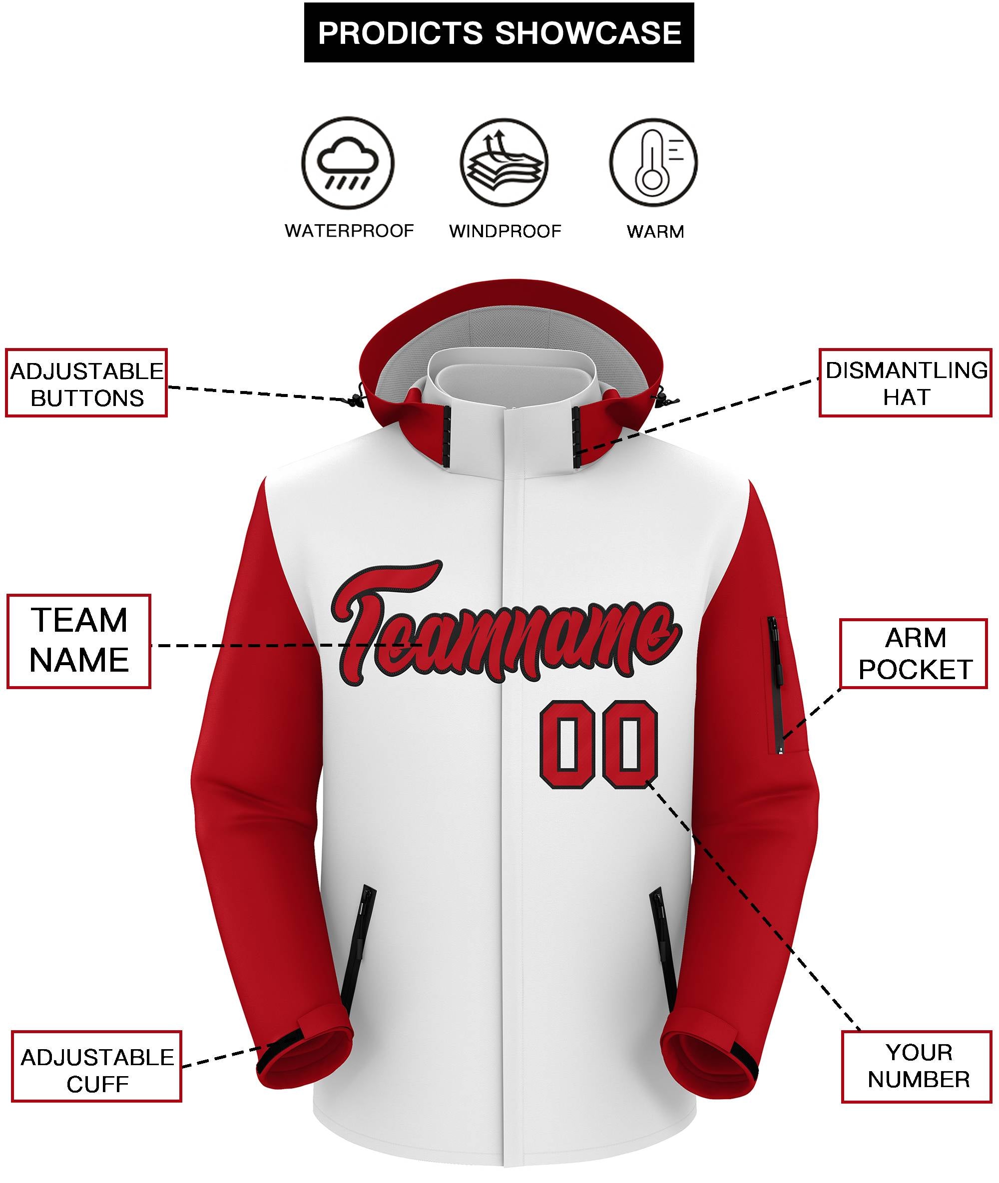 Custom White Red-Black Raglan Sleeves Waterproof Jacket