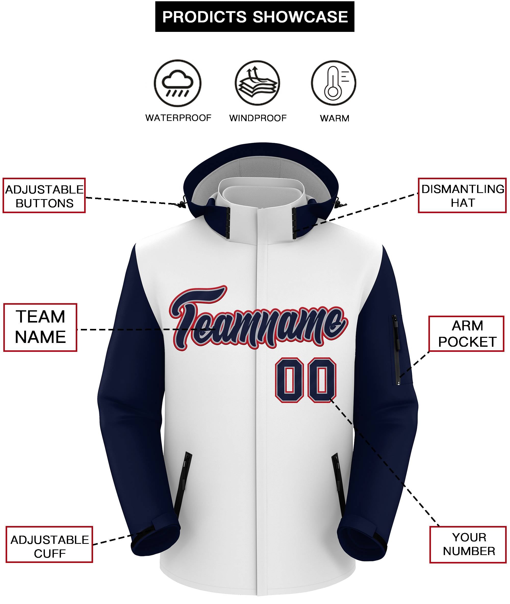 Custom White Navy-Red Raglan Sleeves Waterproof Jacket