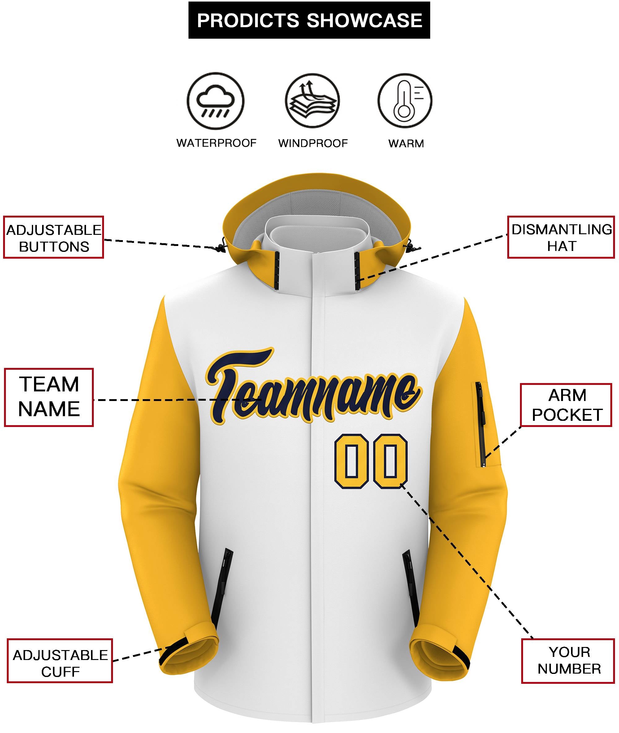 Custom White Gold-Navy Raglan Sleeves Waterproof Jacket