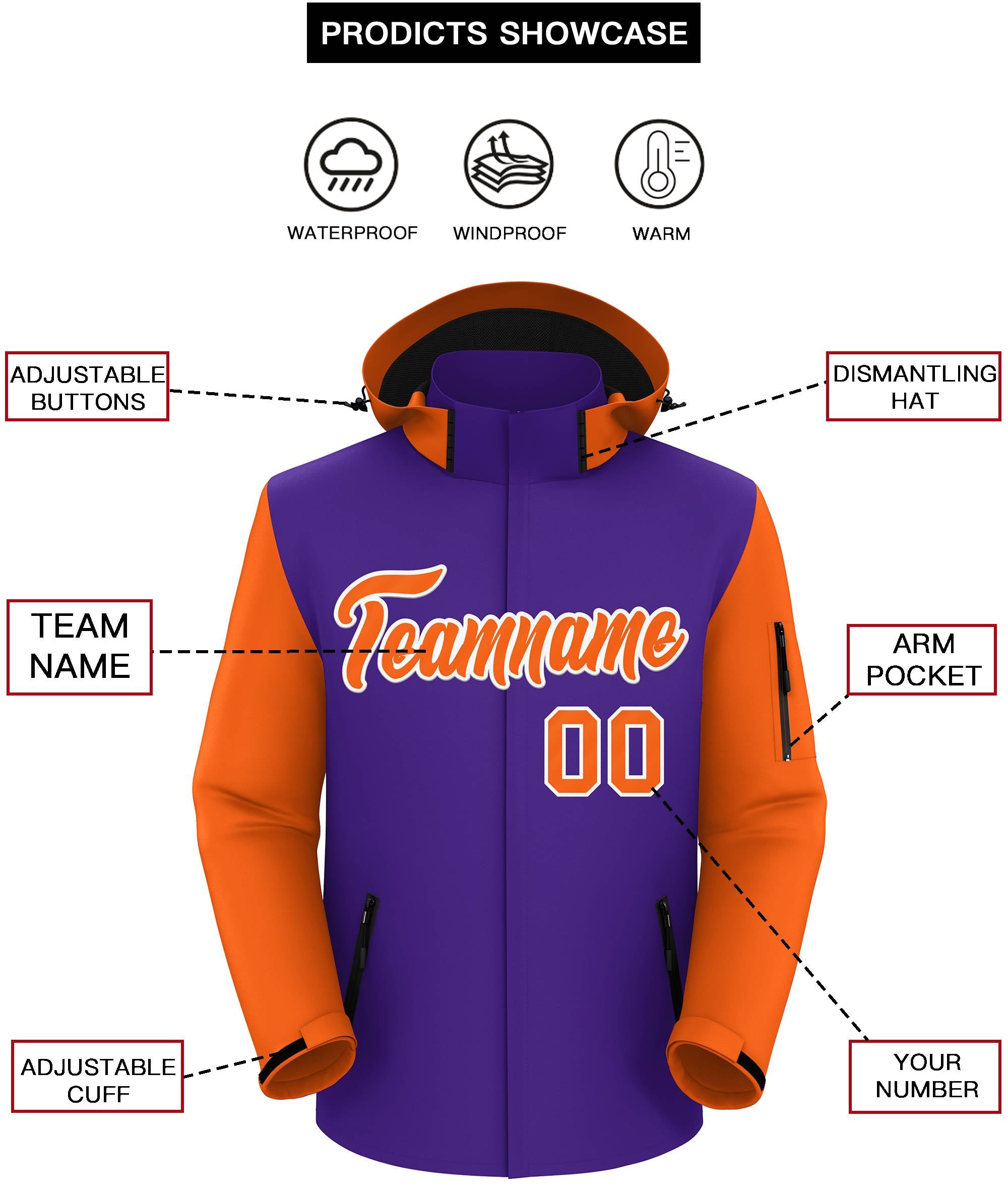 Custom Purple Orange-White Raglan Sleeves Waterproof Jacket