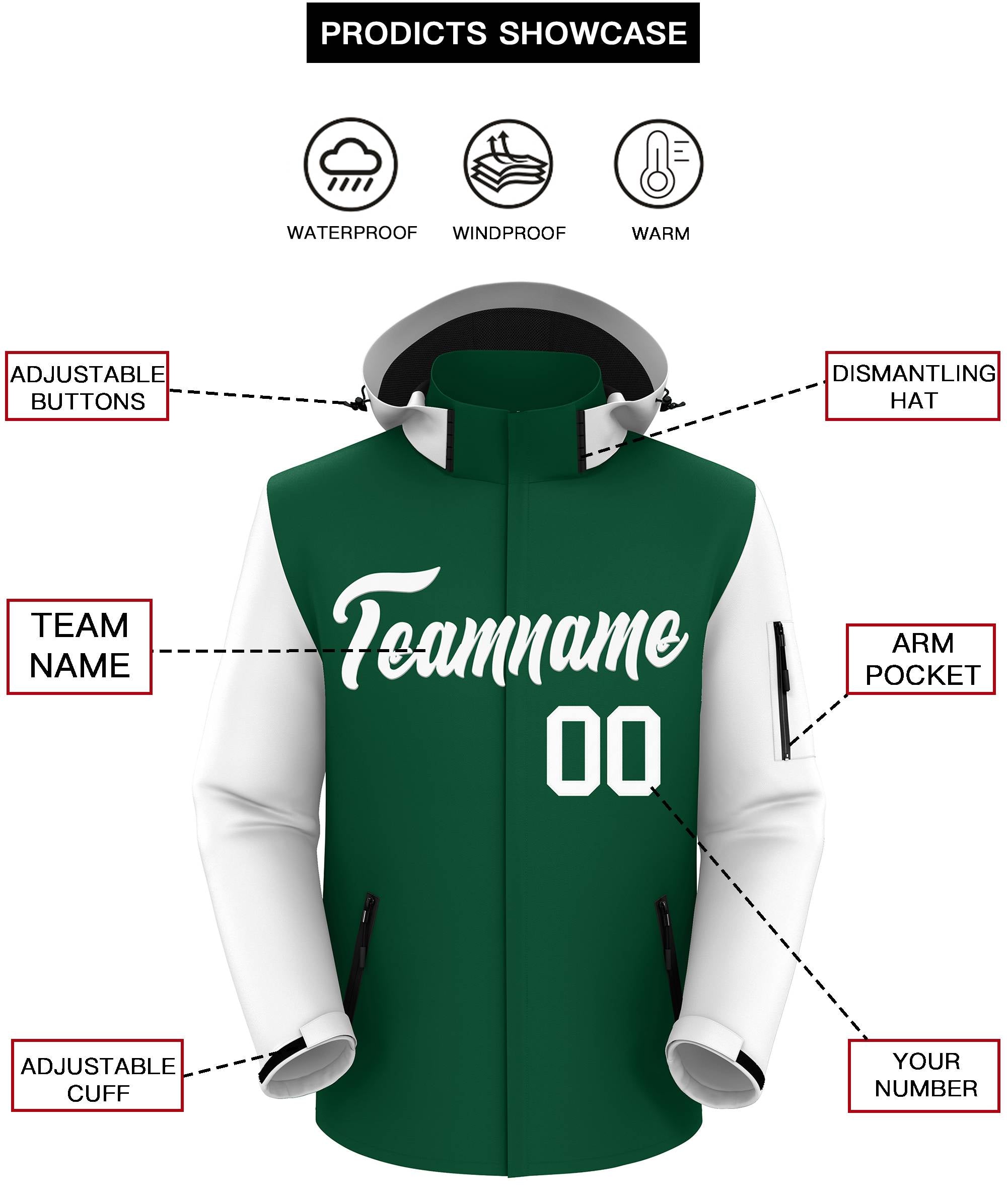 Custom Green White Raglan Sleeves Waterproof Jacket