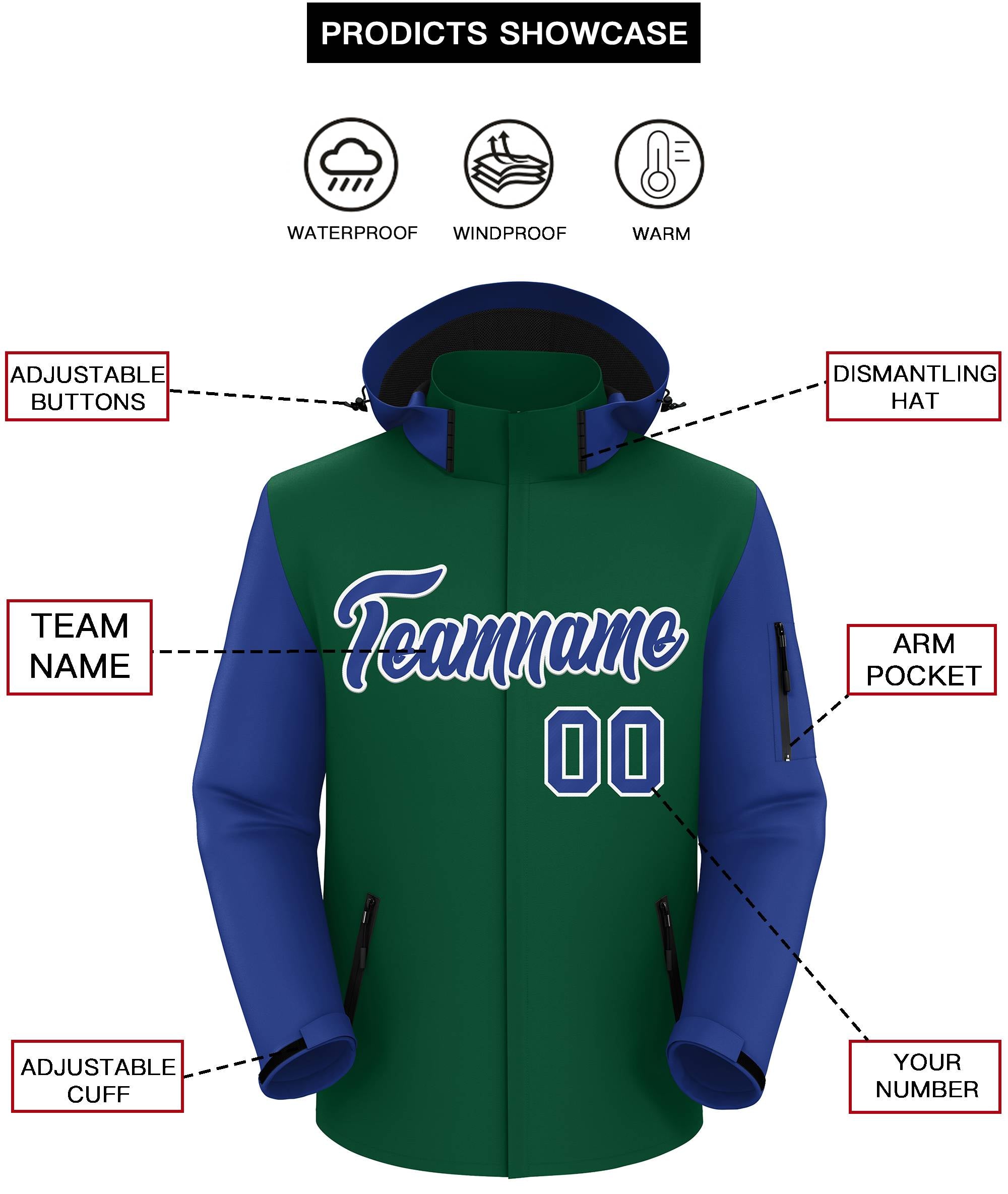 Custom Green Royal-White Raglan Sleeves Waterproof Jacket