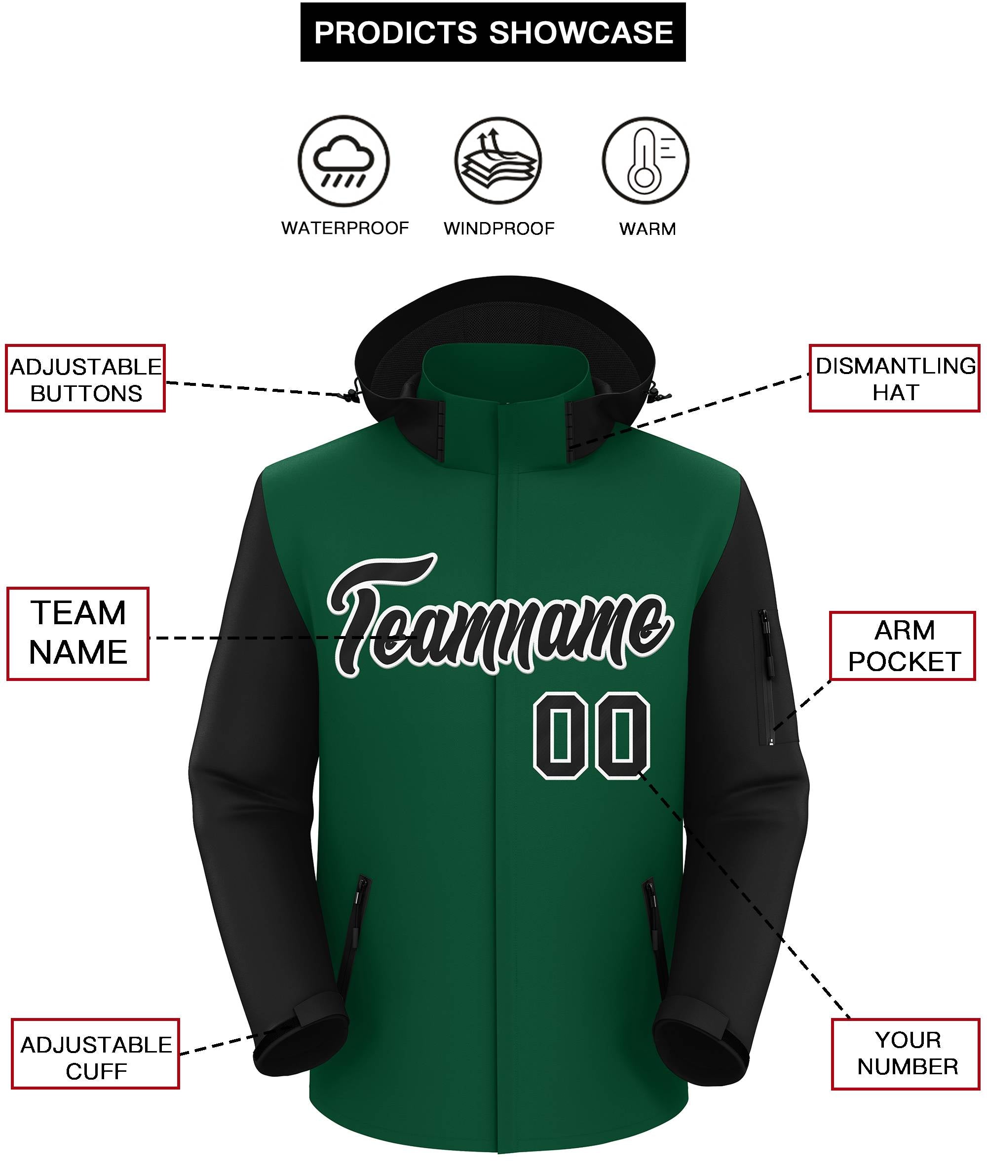 Custom Green Black-White Raglan Sleeves Waterproof Jacket