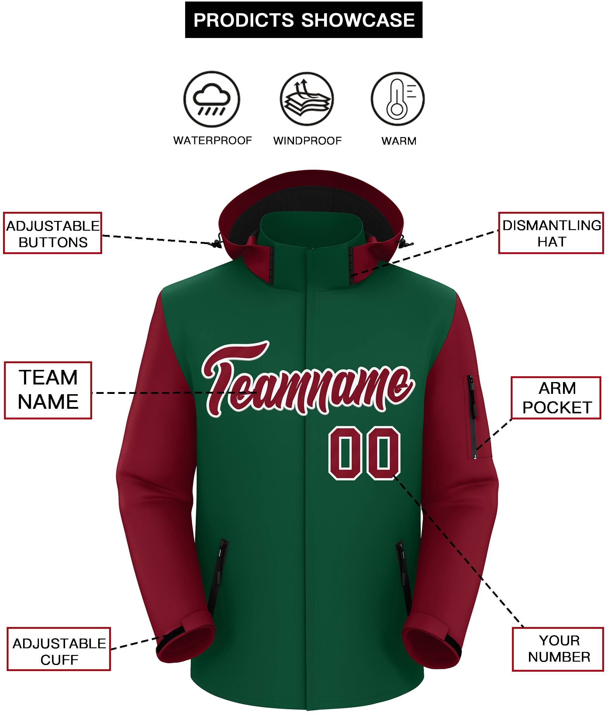 Custom Green Crimson-White Raglan Sleeves Waterproof Jacket